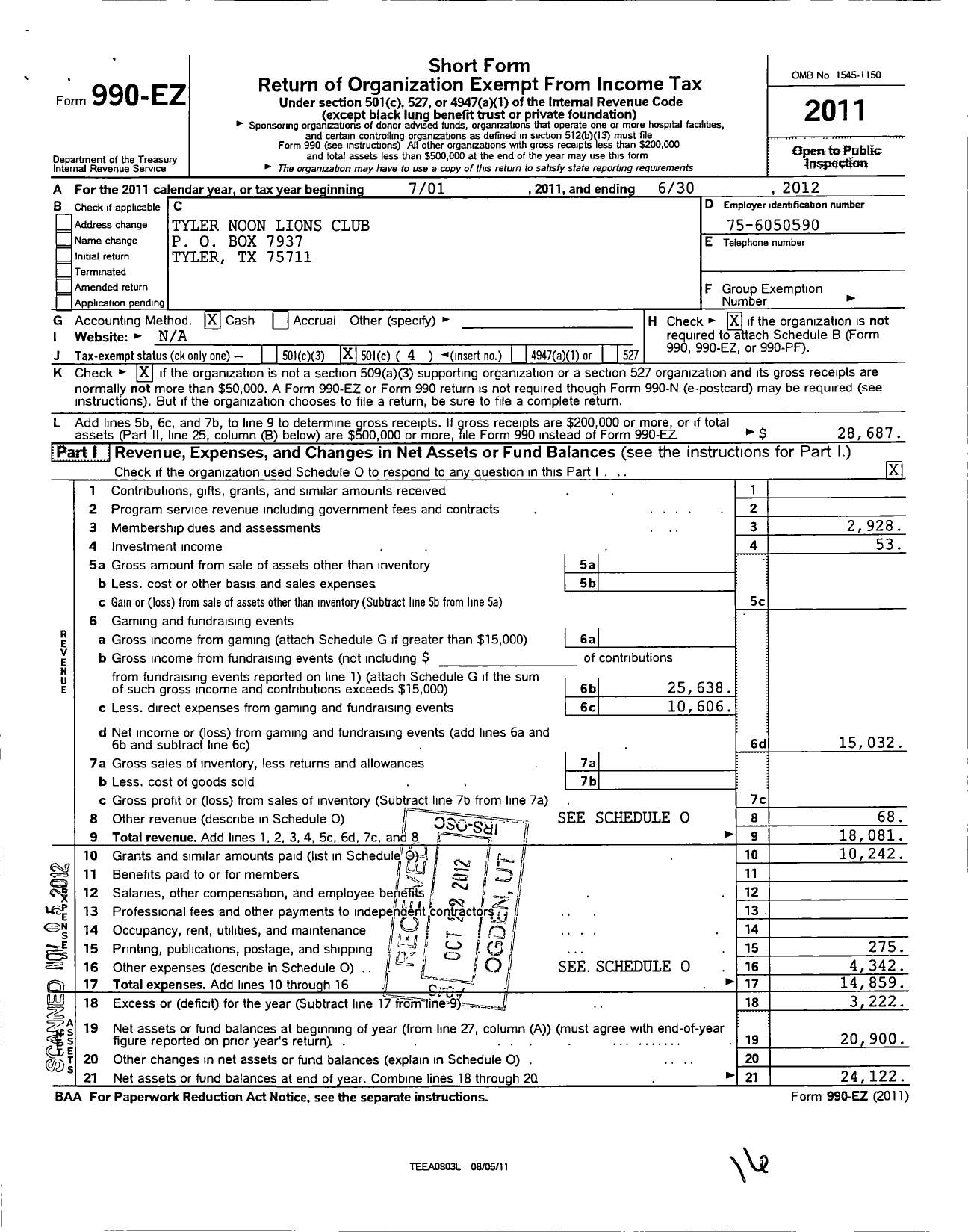 Image of first page of 2011 Form 990EO for Lions Clubs - Tyler Lions Club / Tyler Lions Club