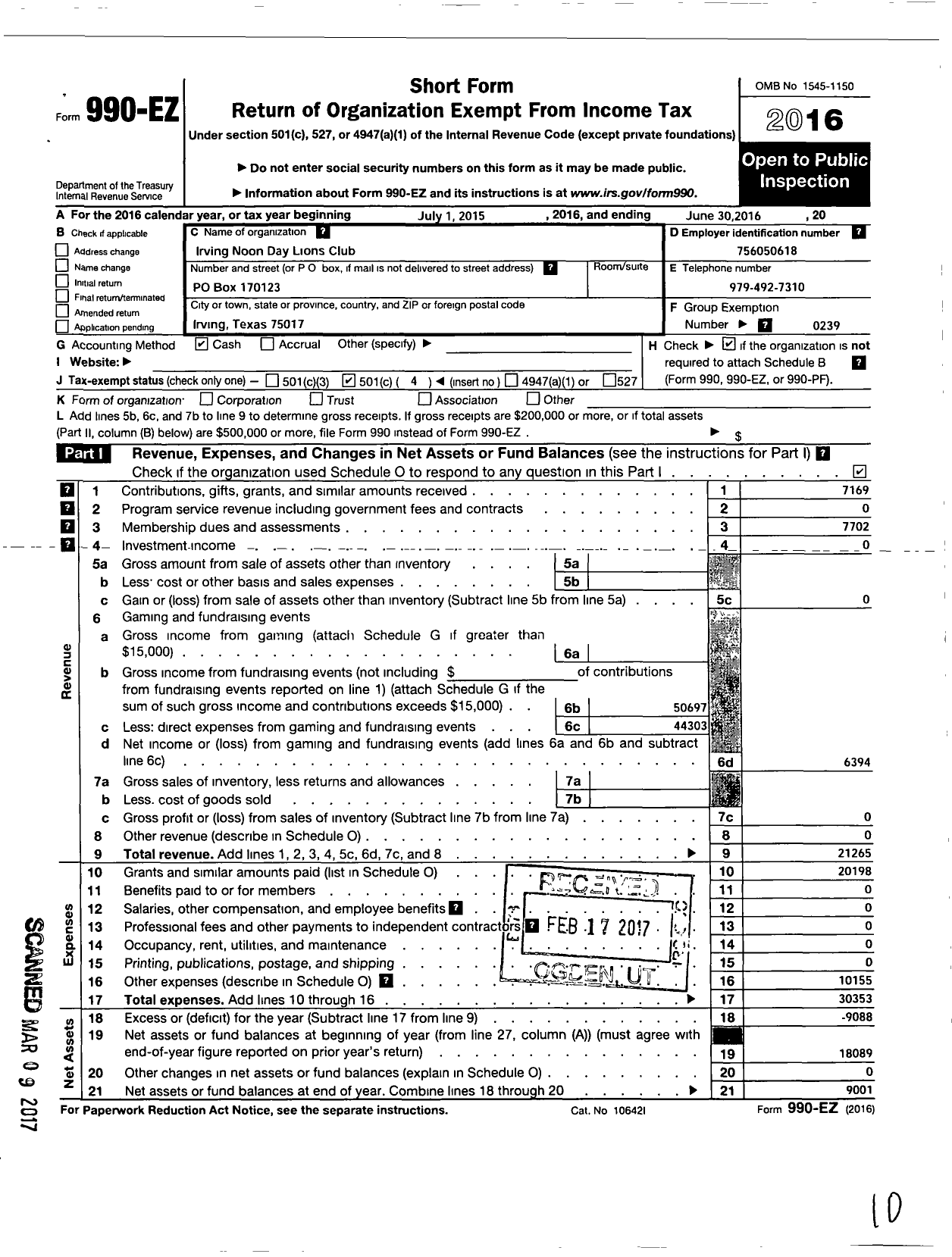 Image of first page of 2015 Form 990EO for Lions Clubs - 1008 Irving Noon Day Lions