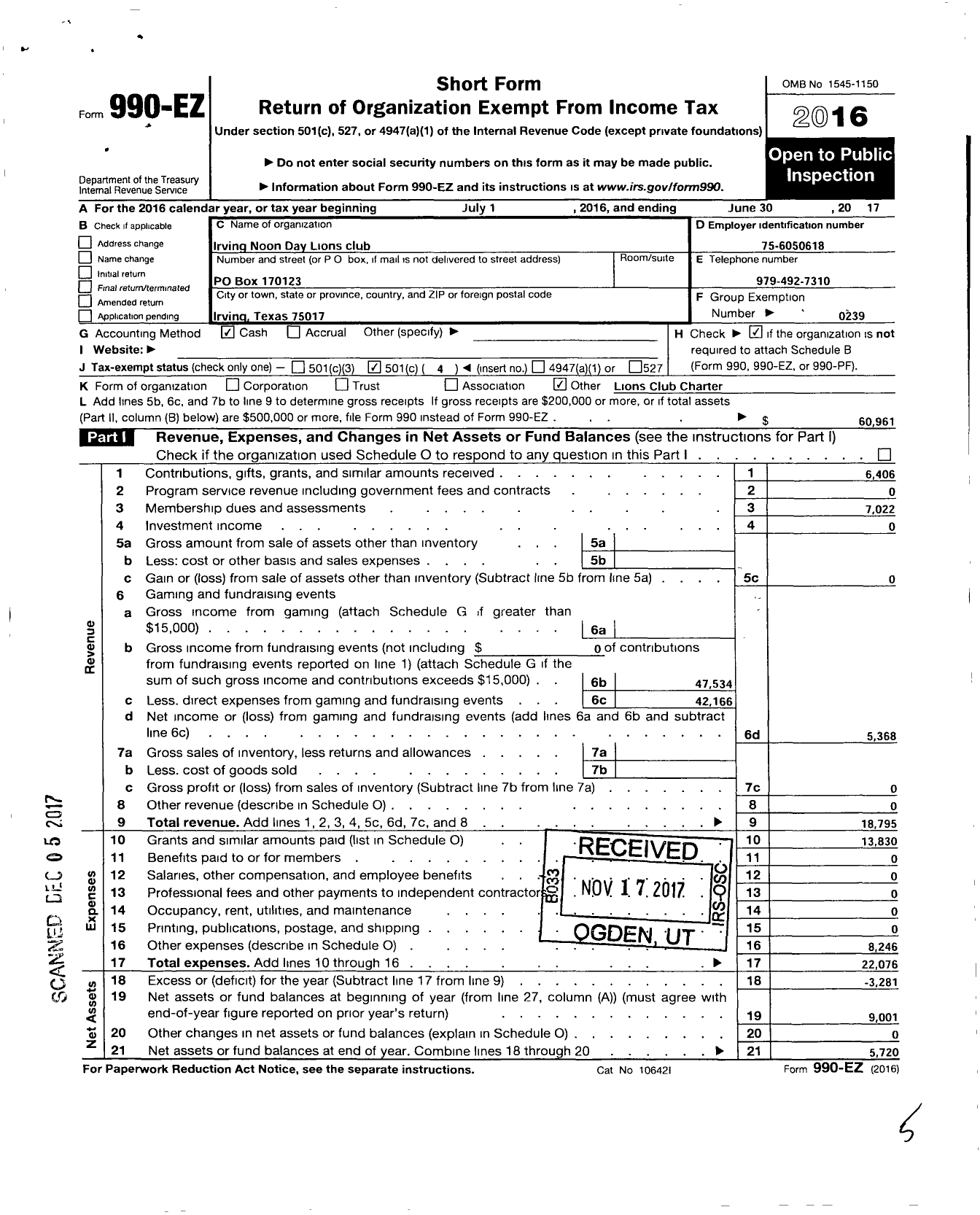 Image of first page of 2016 Form 990EO for Lions Clubs - 1008 Irving Noon Day Lions