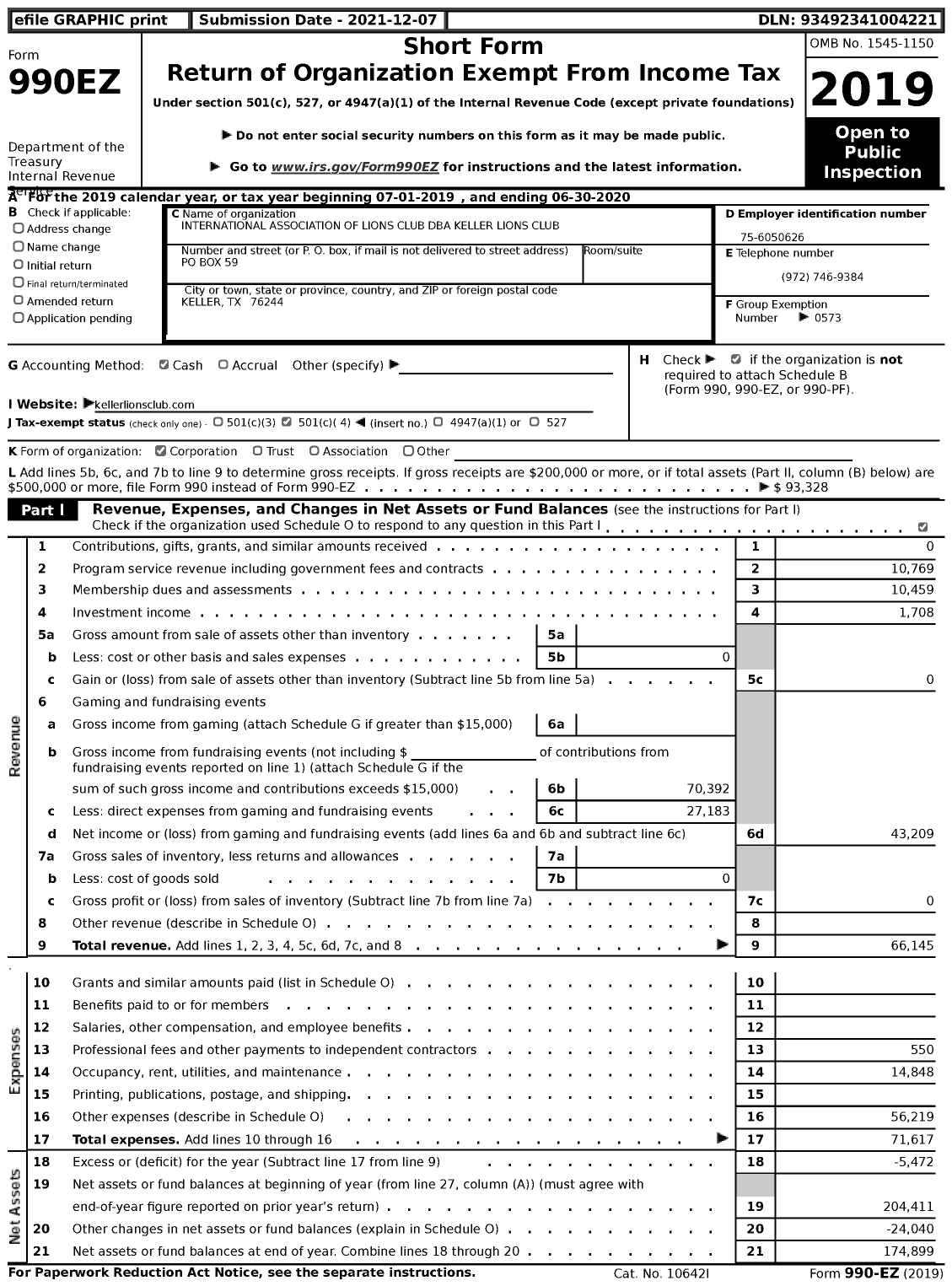 Image of first page of 2019 Form 990EZ for Lions Clubs - 944 Keller Lions Club