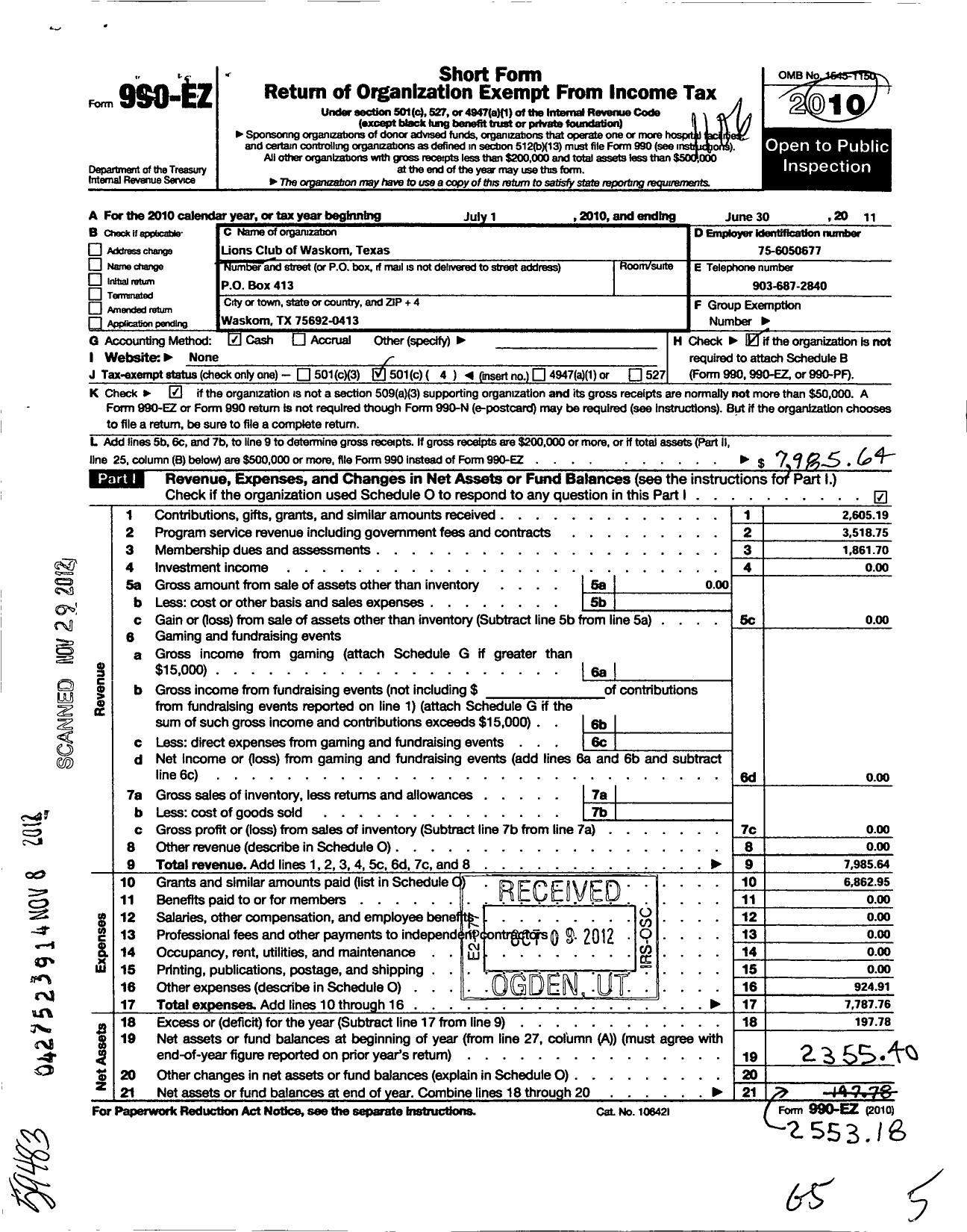 Image of first page of 2010 Form 990EO for International Association of Lions Clubs / Club