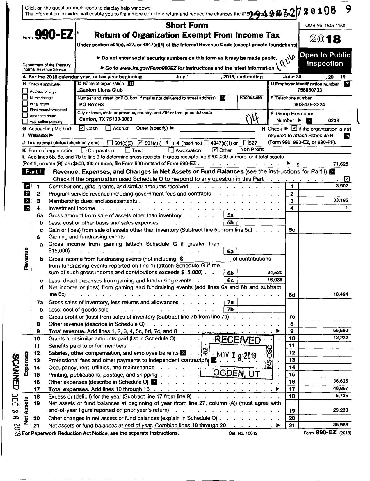 Image of first page of 2018 Form 990EO for Lions Clubs - 1040 Canton