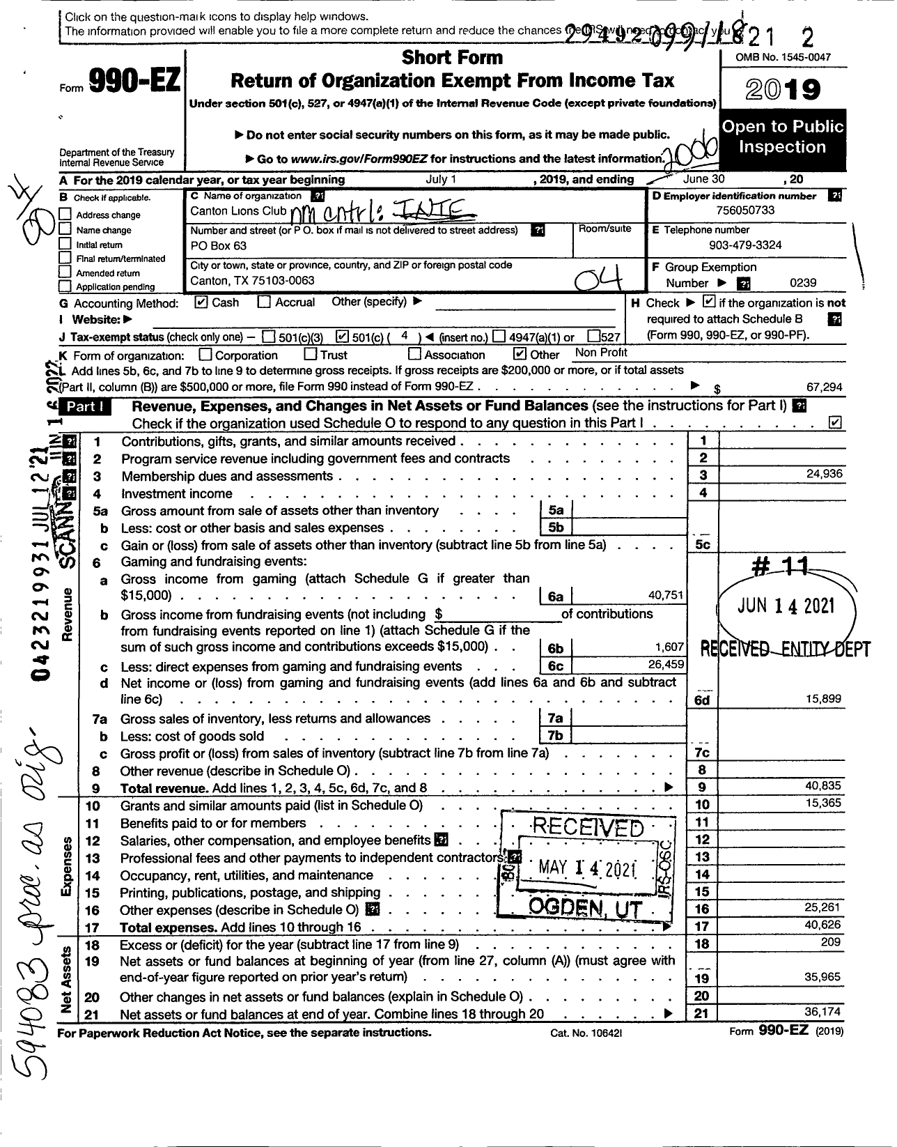 Image of first page of 2019 Form 990EO for Lions Clubs - 1040 Canton