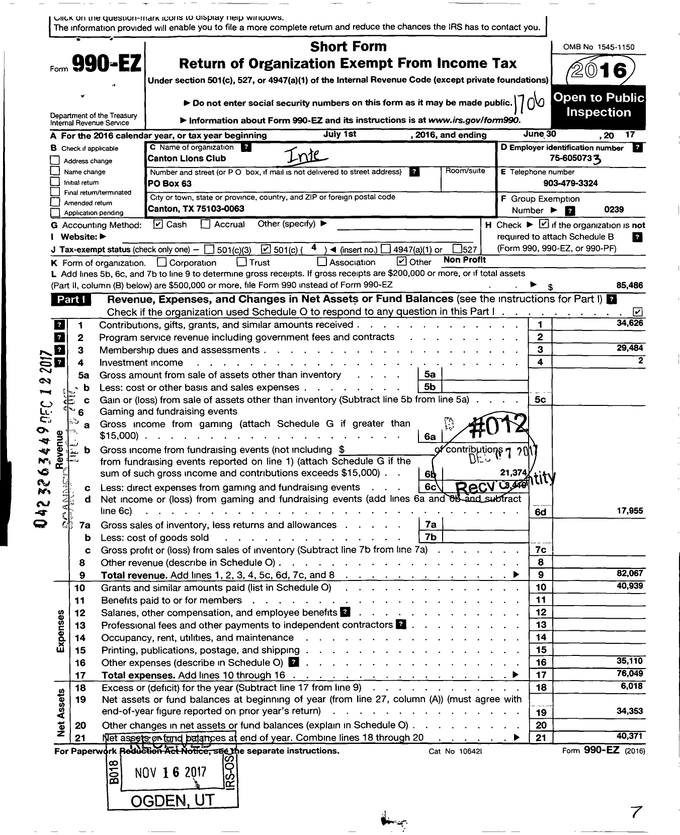 Image of first page of 2016 Form 990EO for Lions Clubs - 1040 Canton