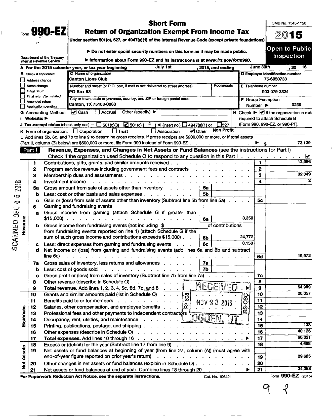 Image of first page of 2015 Form 990EO for Lions Clubs - 1040 Canton