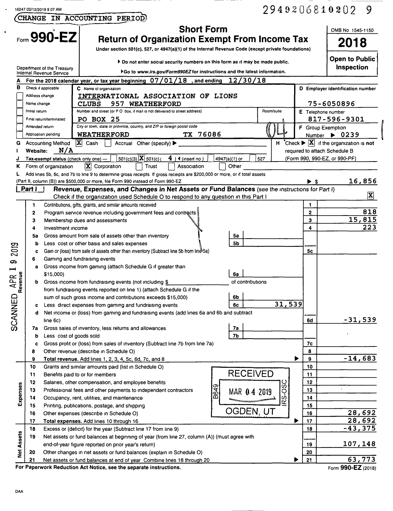 Image of first page of 2018 Form 990EO for Lions Clubs - 957 Weatherford Noon