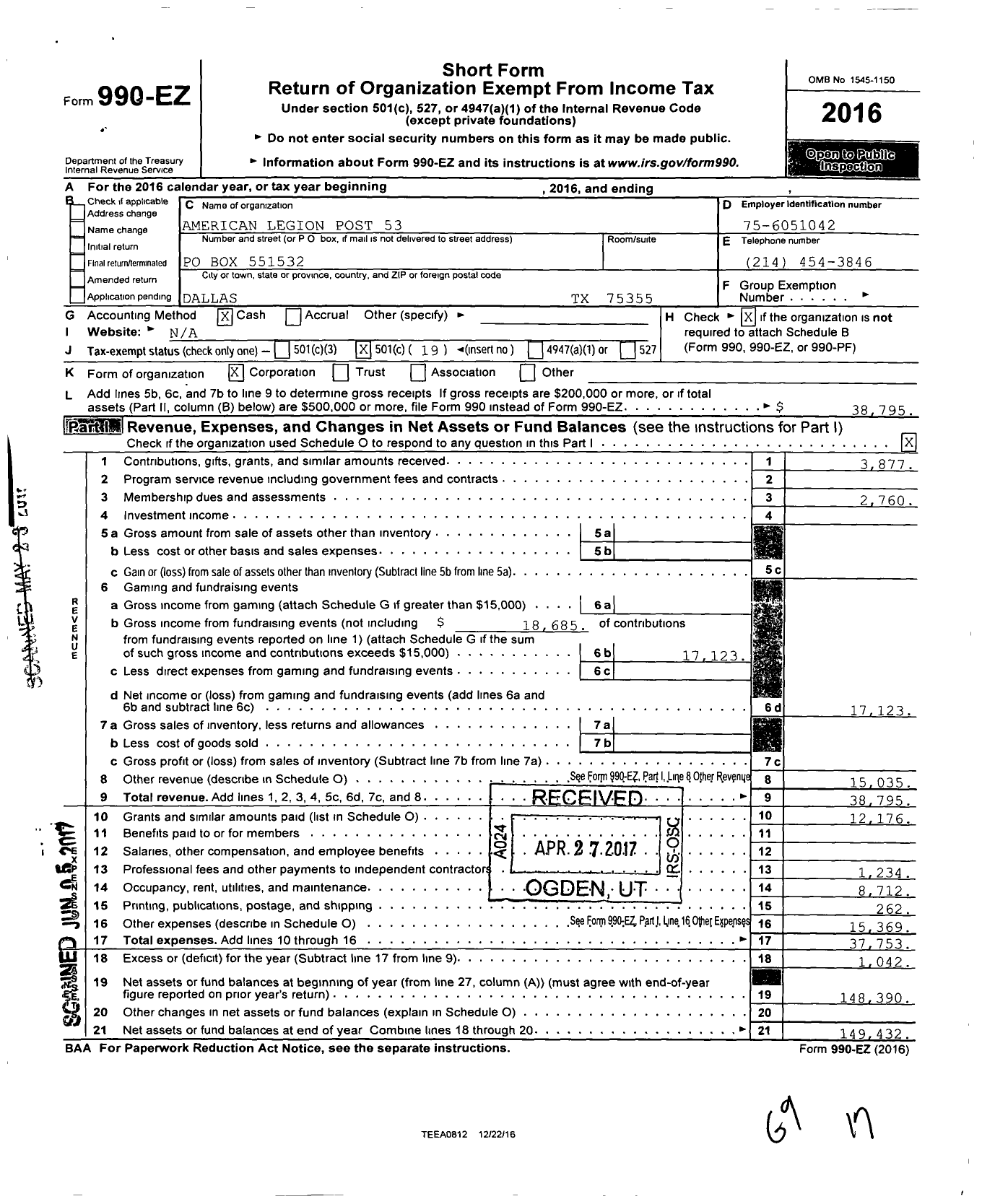 Image of first page of 2016 Form 990EO for American Legion - 53 John Low Joe Smartt