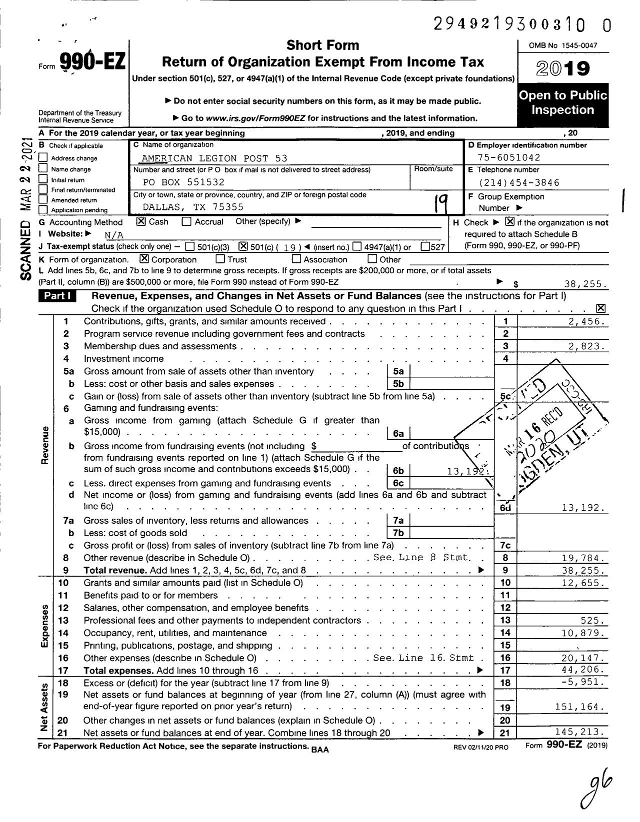 Image of first page of 2019 Form 990EO for American Legion - 53 John Low Joe Smartt