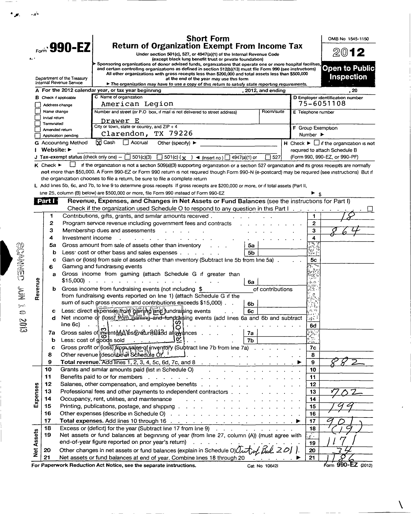 Image of first page of 2012 Form 990EO for American Legion - 287 Adamson Lane
