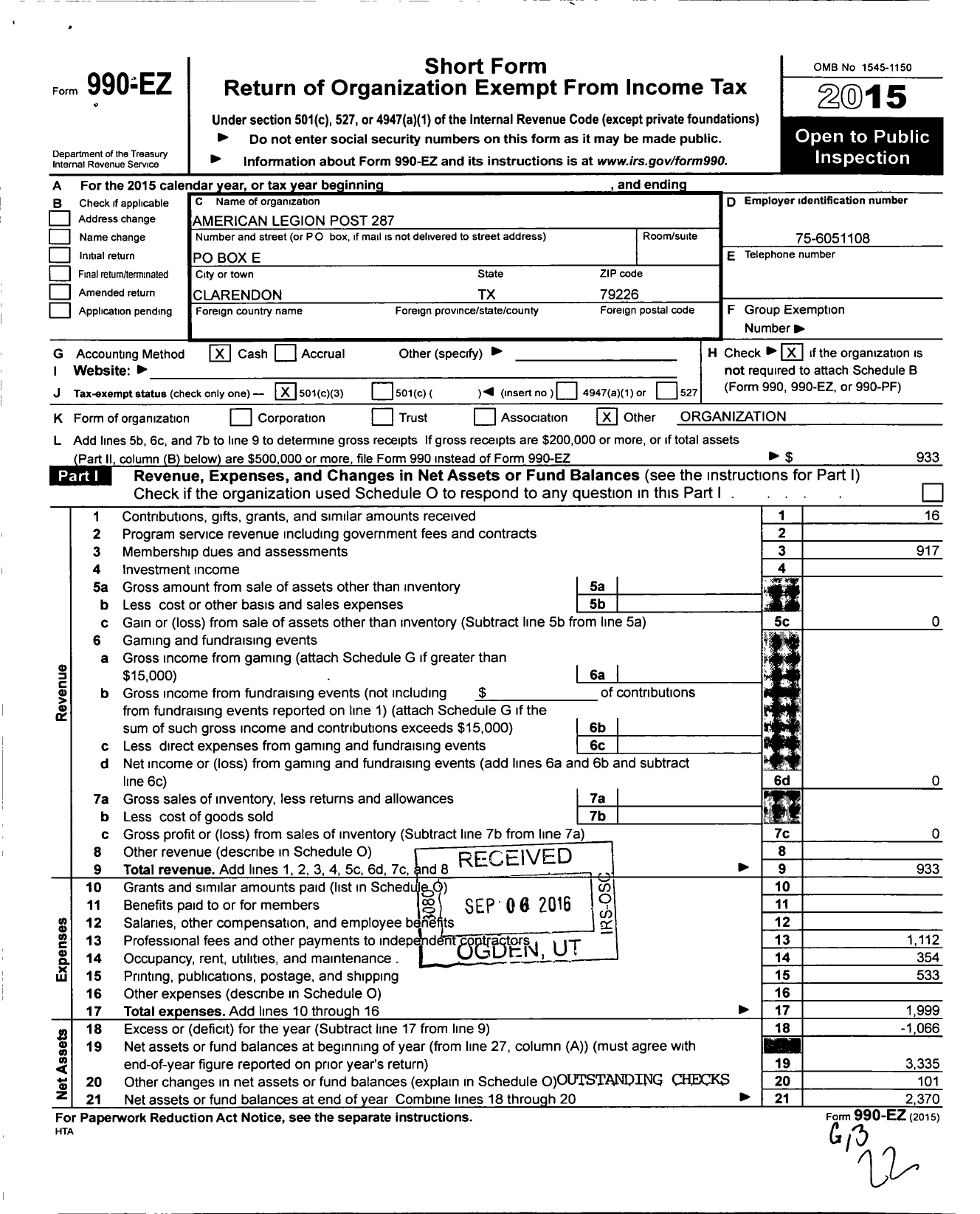 Image of first page of 2015 Form 990EZ for American Legion