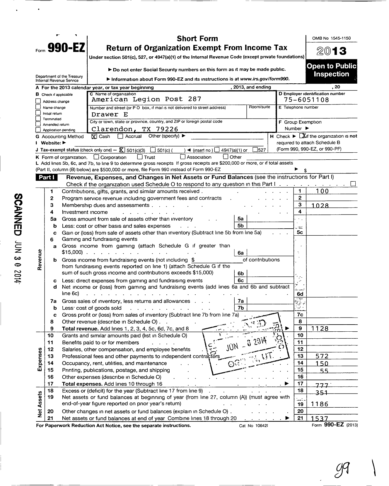 Image of first page of 2013 Form 990EZ for American Legion