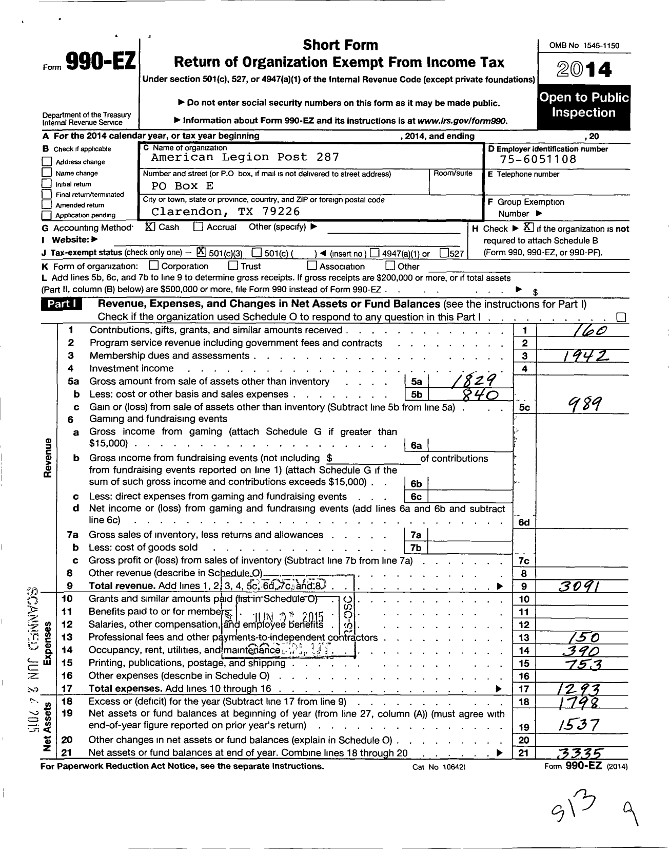 Image of first page of 2014 Form 990EZ for American Legion - 287 Adamson Lane