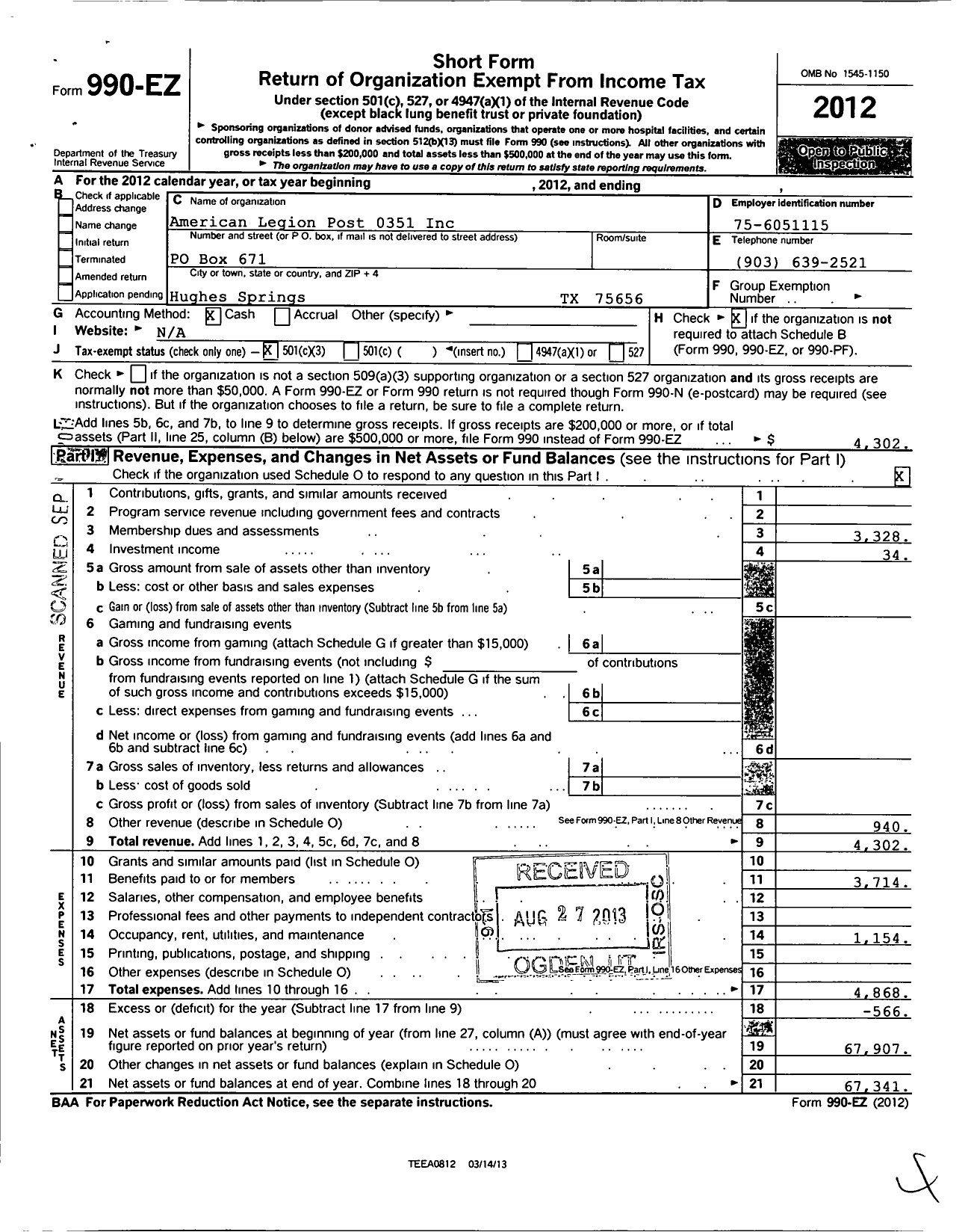 Image of first page of 2012 Form 990EZ for American Legion - 0388 Chris Kyle