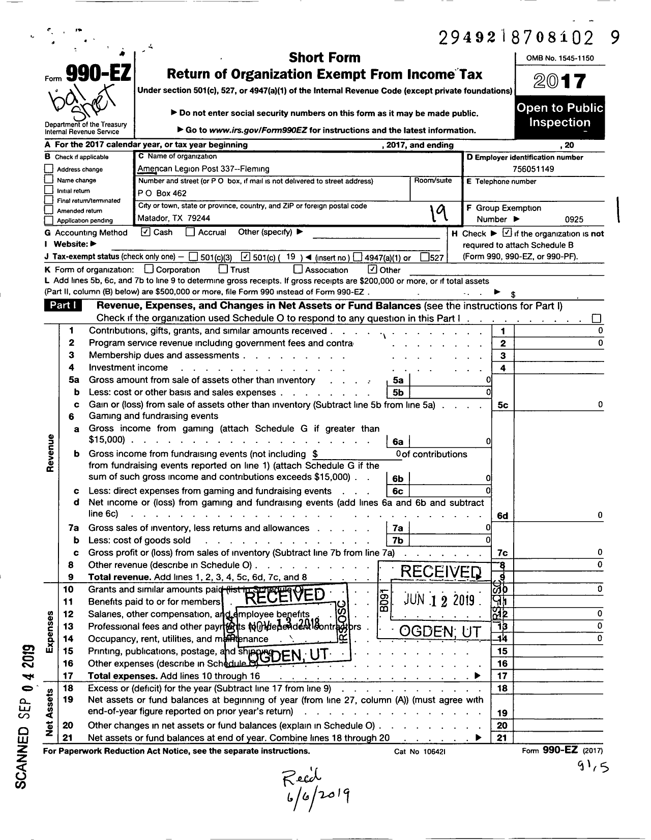 Image of first page of 2017 Form 990EO for American Legion - 0337 Fleming