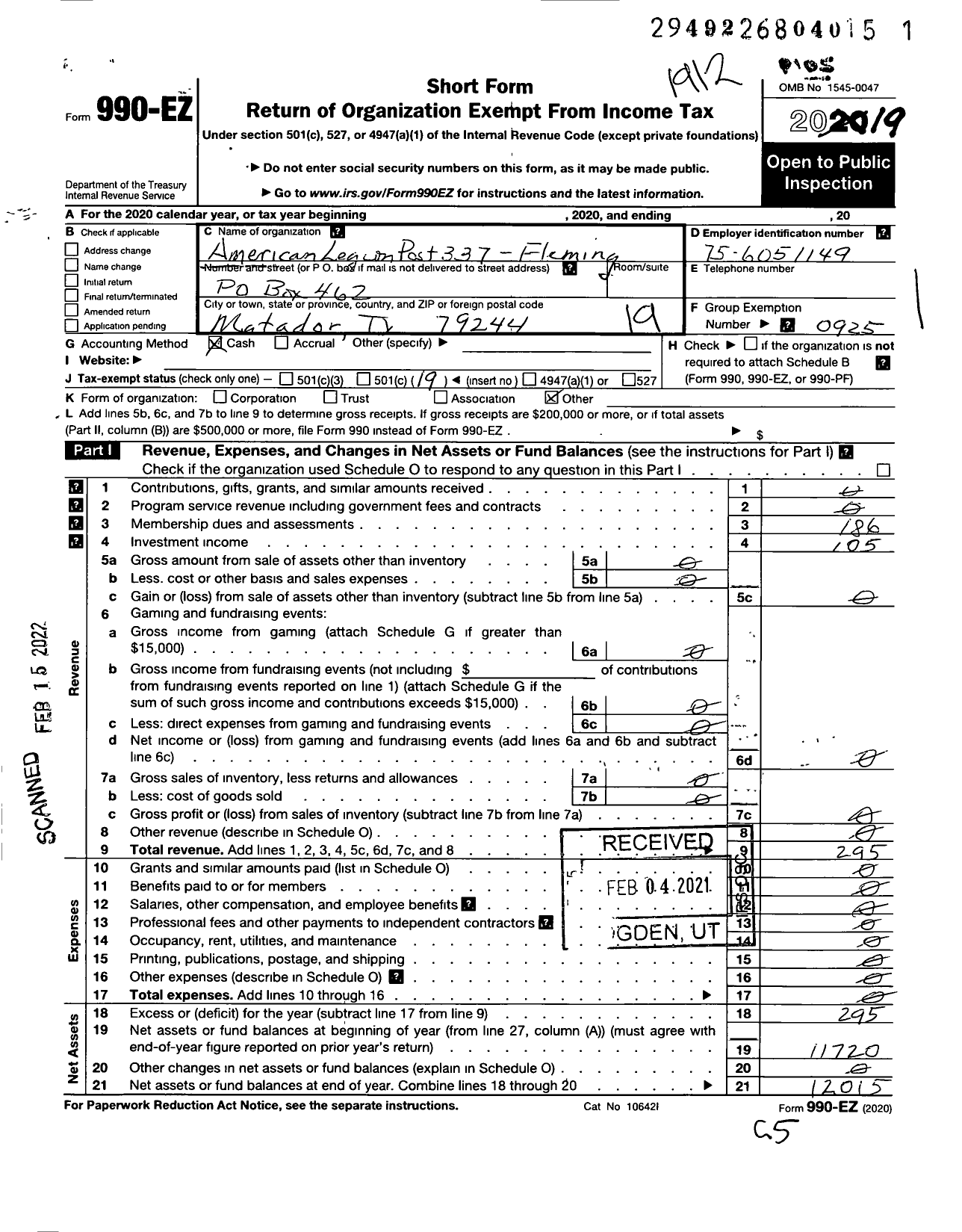 Image of first page of 2019 Form 990EO for American Legion - 0337 Fleming