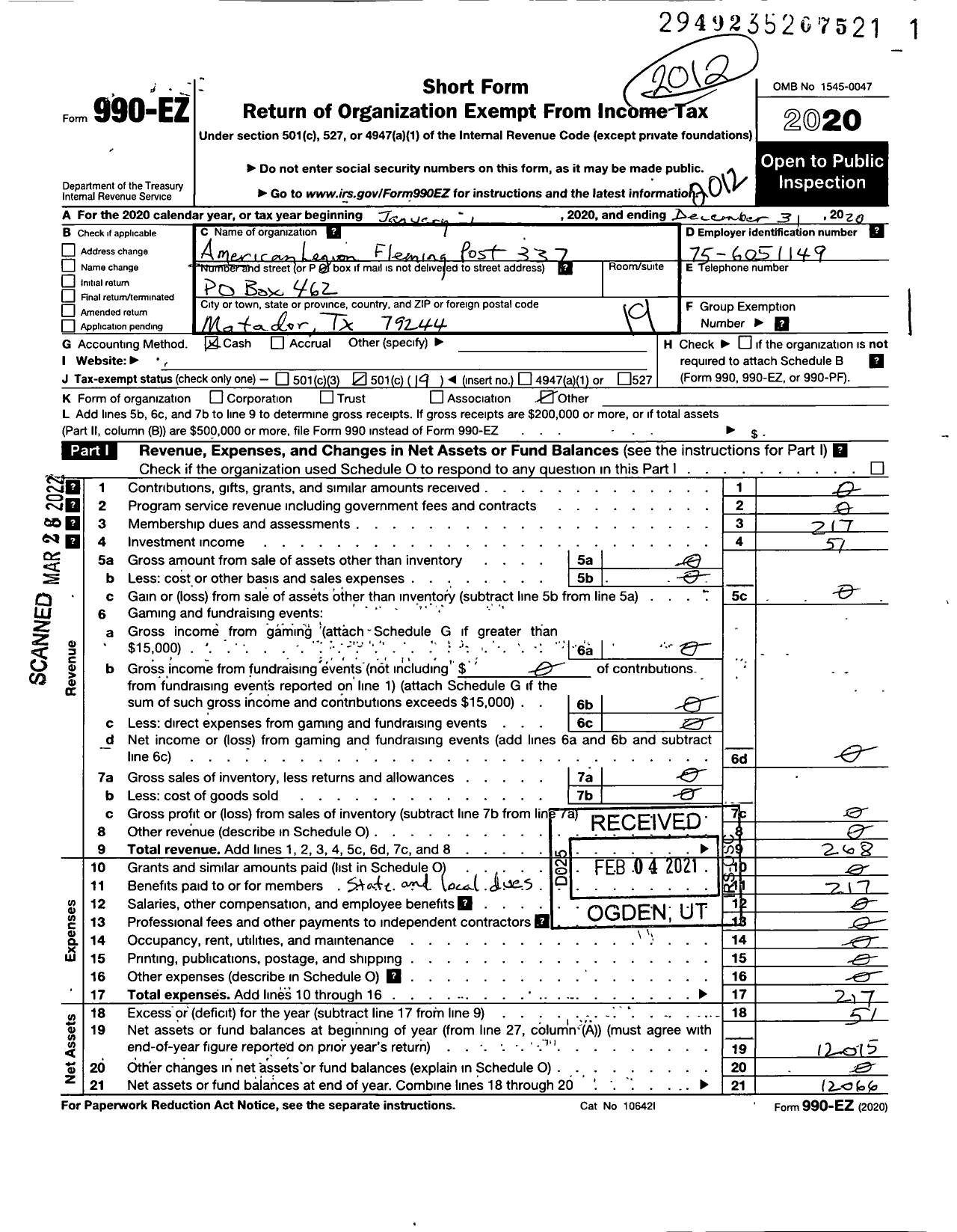 Image of first page of 2020 Form 990EO for American Legion - 0337 Fleming