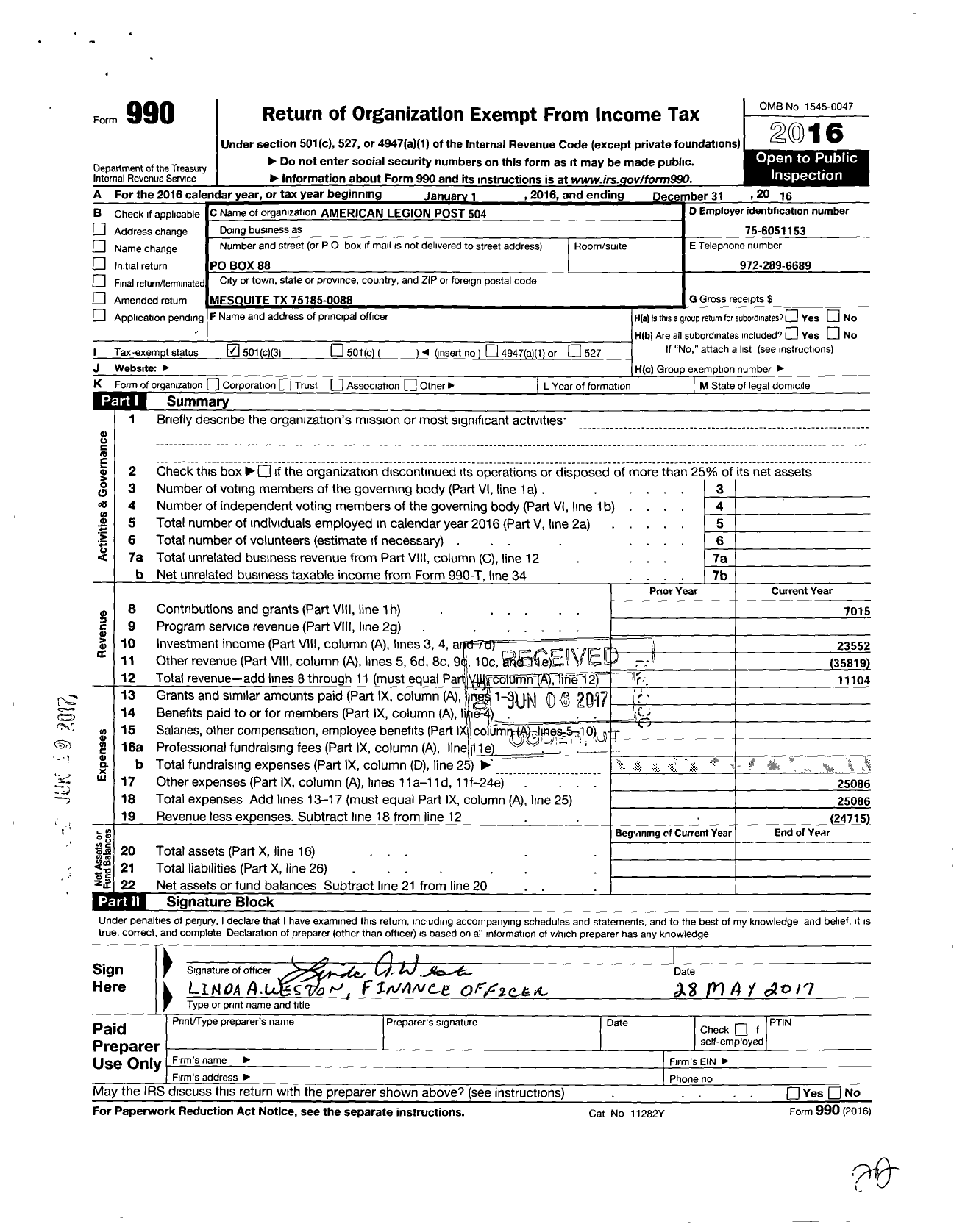 Image of first page of 2016 Form 990 for American Legion Post 504