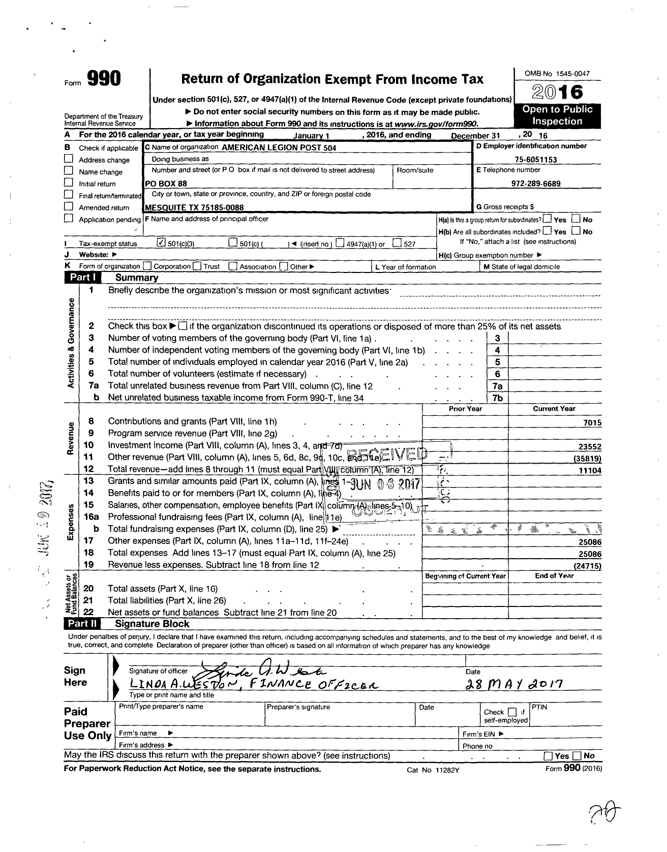 Image of first page of 2016 Form 990 for American Legion - 504 Kenneth Earl Jones