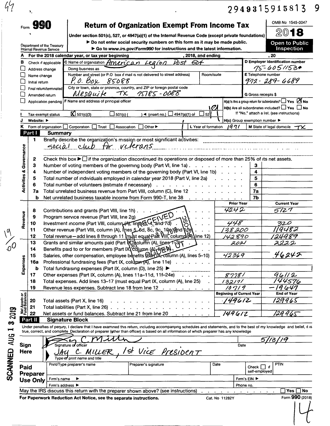 Image of first page of 2018 Form 990O for American Legion - 504 Kenneth Earl Jones