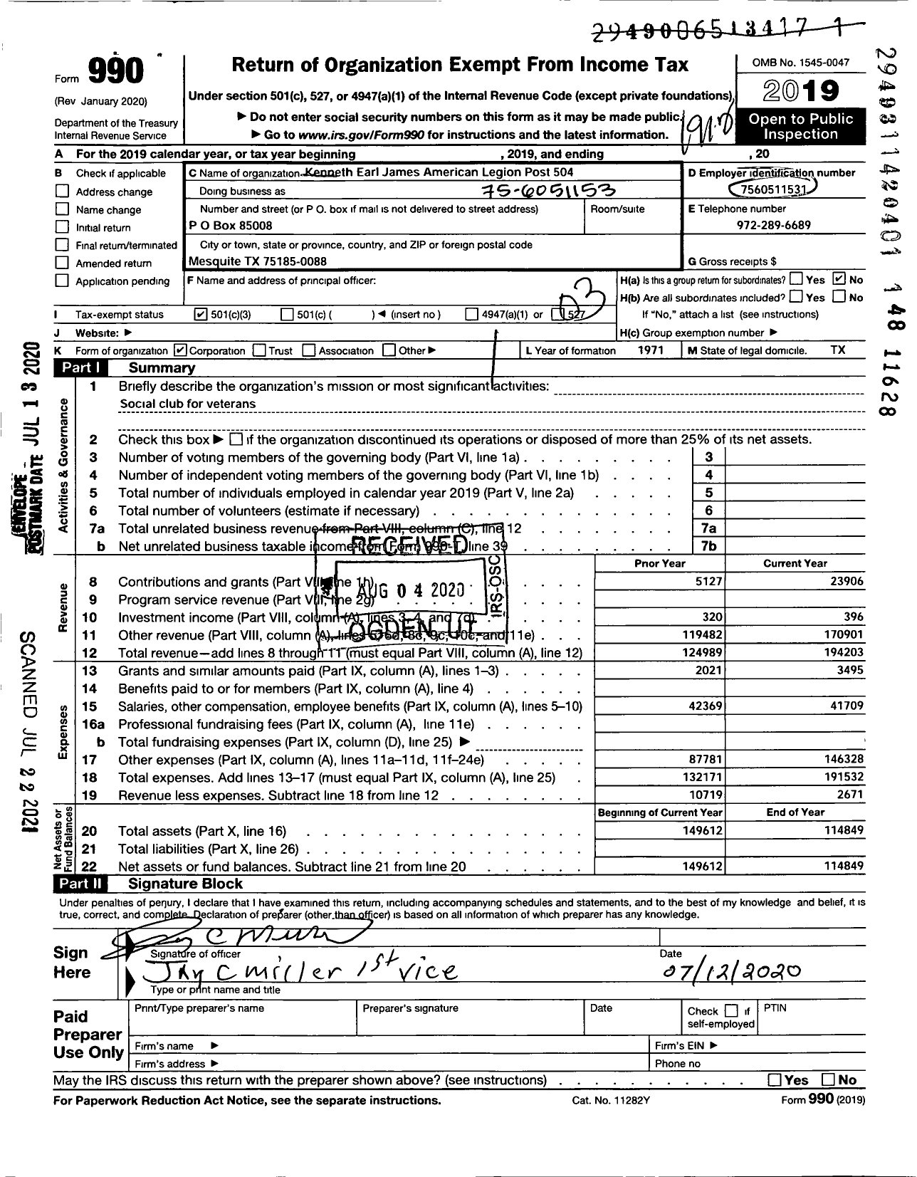 Image of first page of 2019 Form 990 for American Legion Post 504