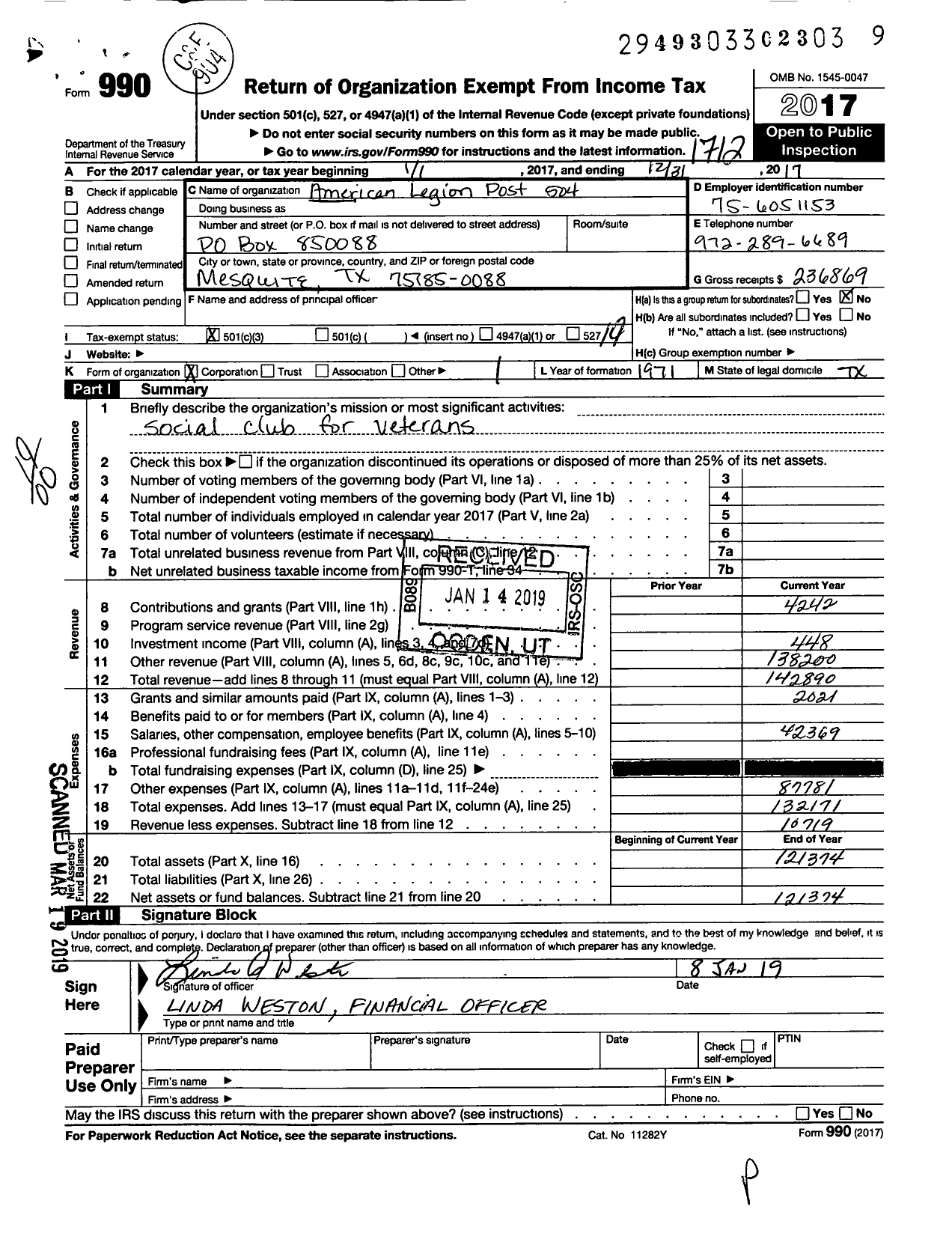 Image of first page of 2017 Form 990O for American Legion - 504 Kenneth Earl Jones