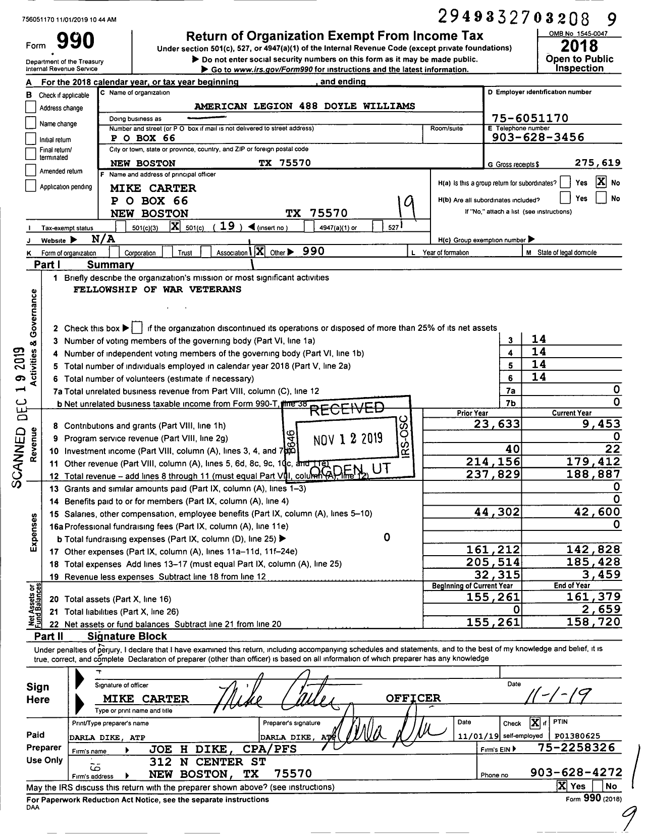 Image of first page of 2018 Form 990O for American Legion - 488 Doyle Williams