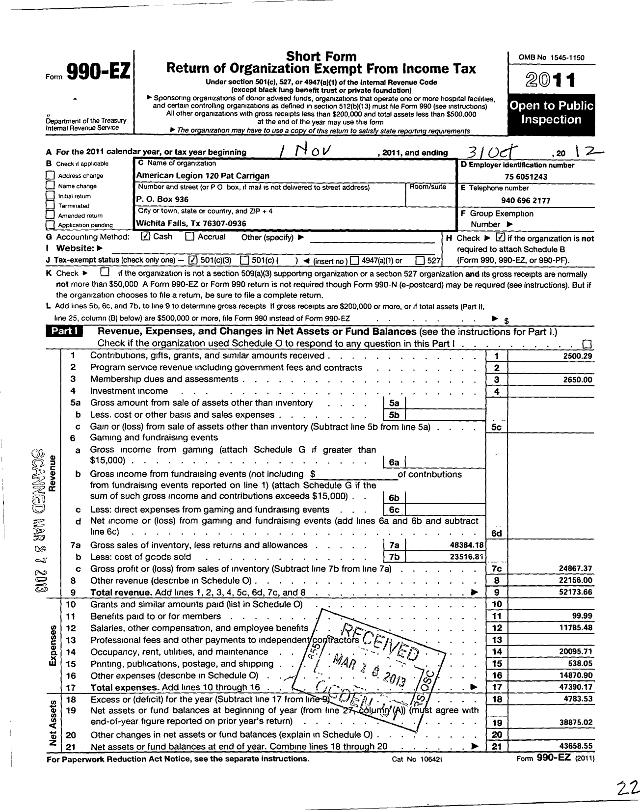 Image of first page of 2011 Form 990EZ for American Legion - 120 Pat Carrigan