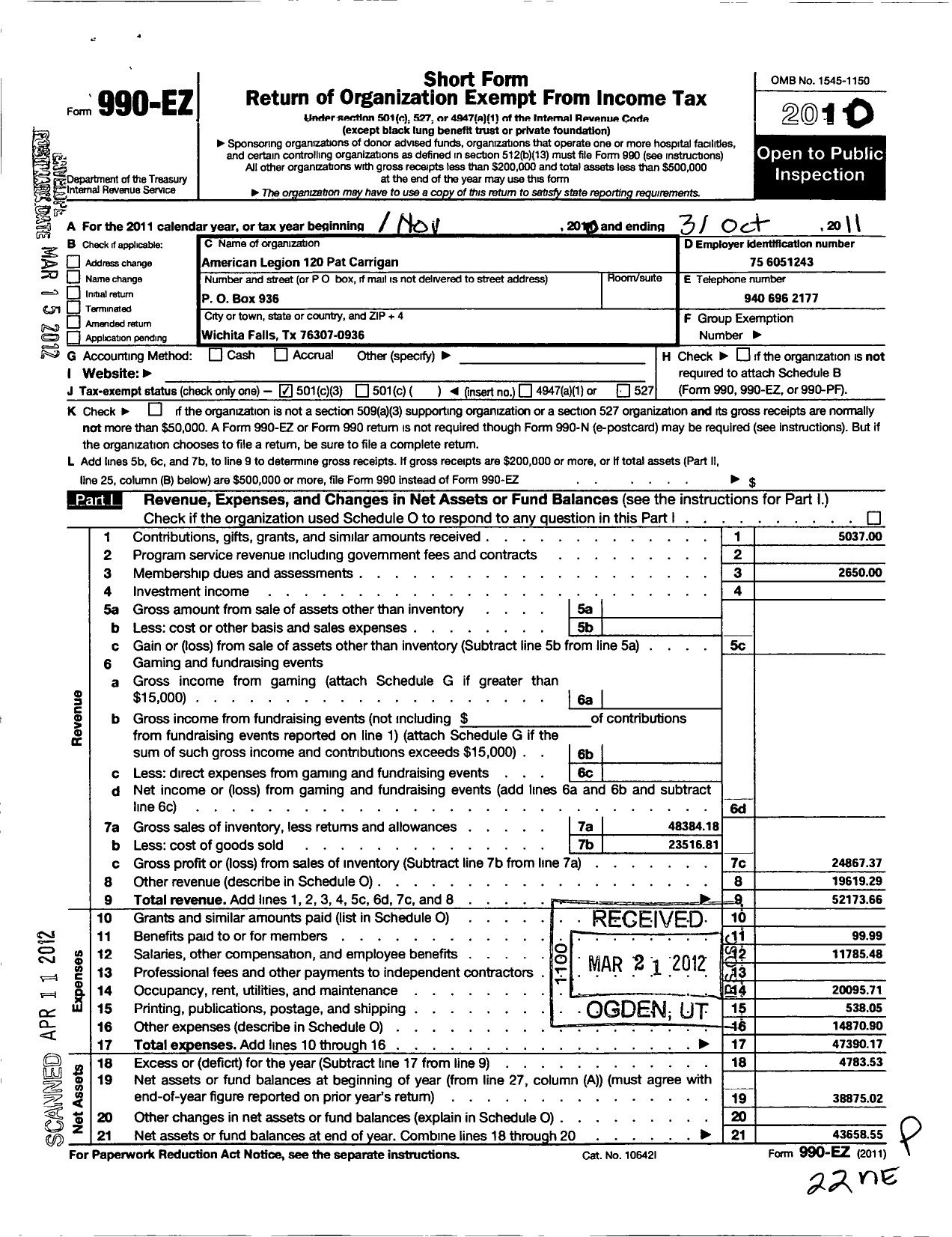 Image of first page of 2010 Form 990EZ for American Legion - 120 Pat Carrigan