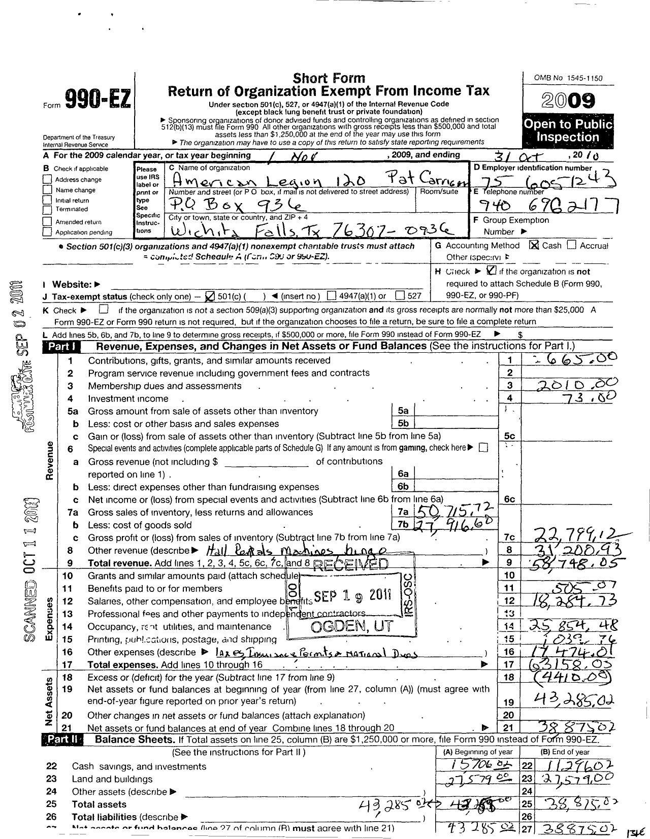 Image of first page of 2009 Form 990EO for American Legion - 120 Pat Carrigan