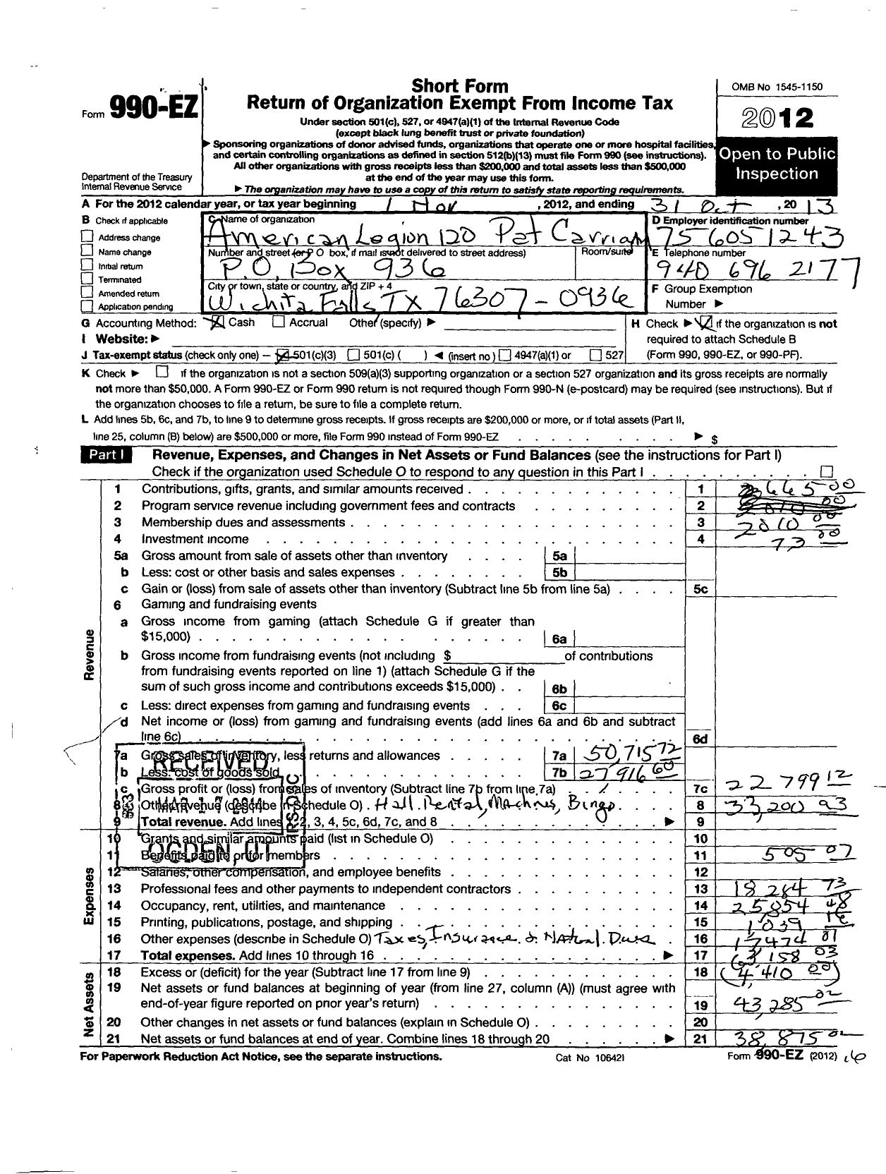 Image of first page of 2012 Form 990EZ for American Legion - 120 Pat Carrigan