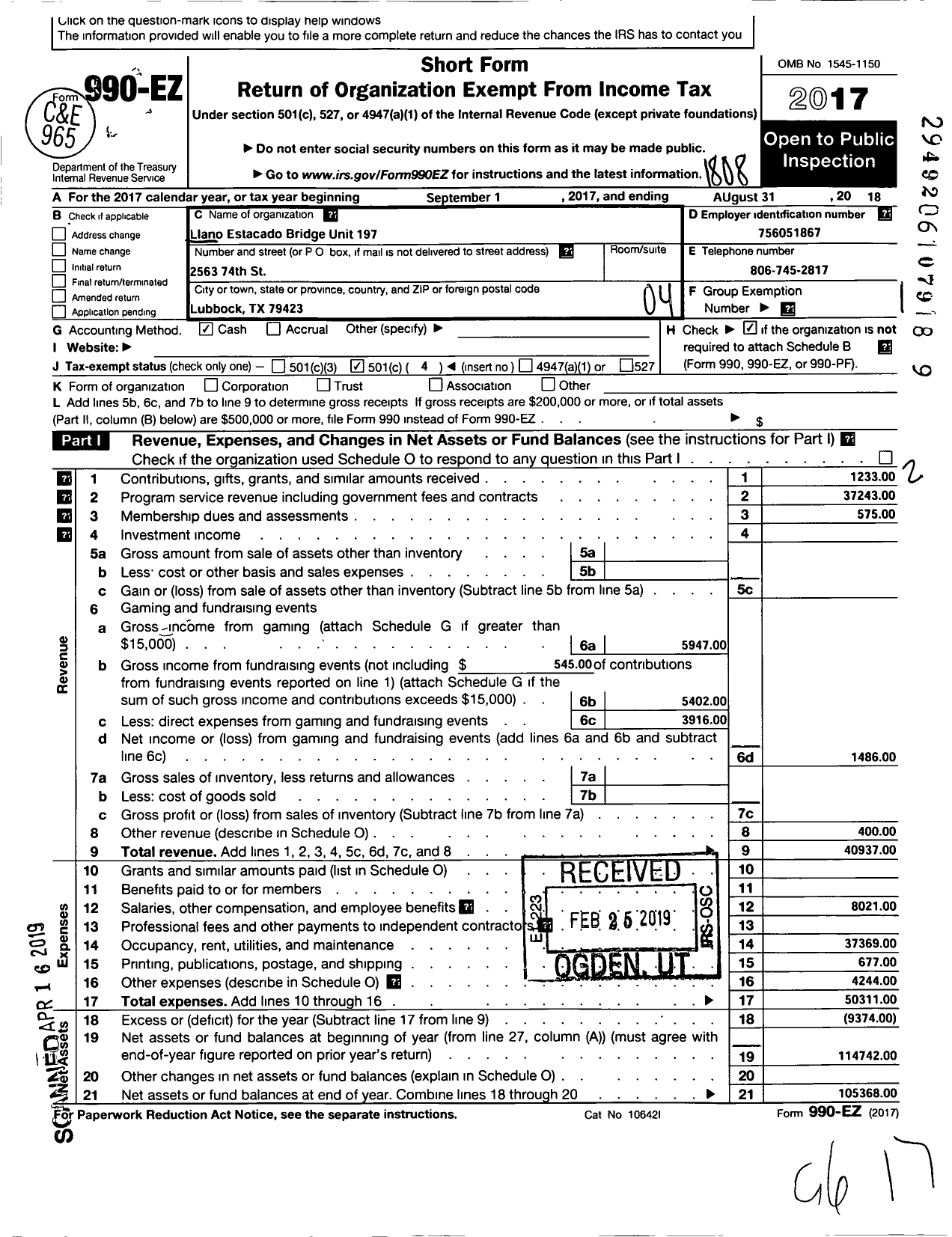 Image of first page of 2017 Form 990EO for Llano Estacado Duplicate Bridge Unit No197