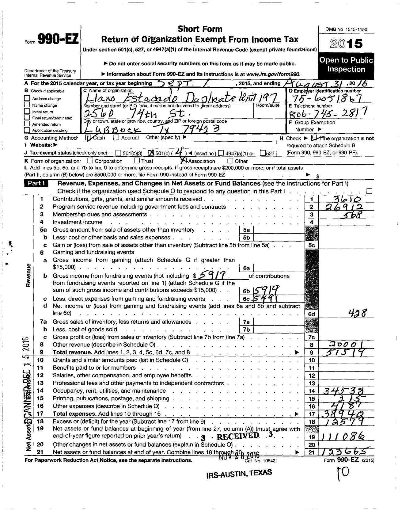 Image of first page of 2015 Form 990EO for Llano Estacado Duplicate Bridge Unit No197