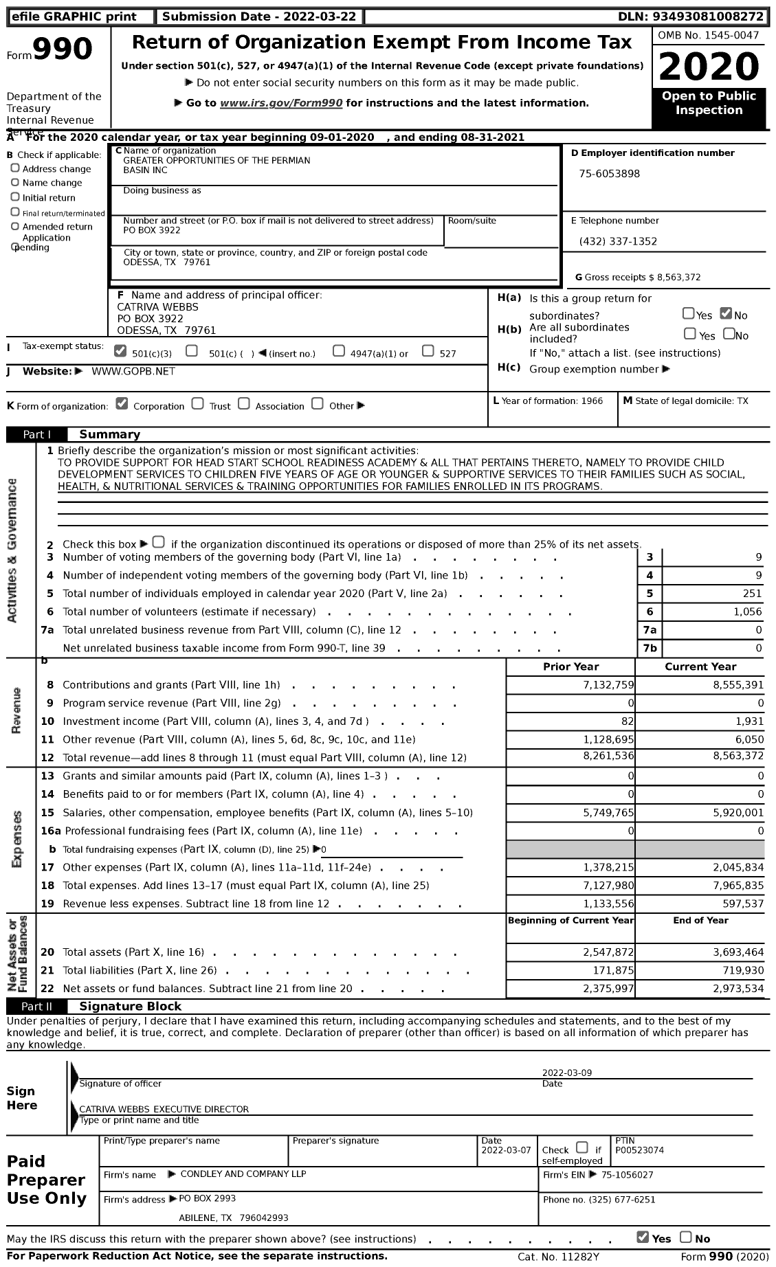 Image of first page of 2020 Form 990 for Greater Opportunities of the Permian Basin