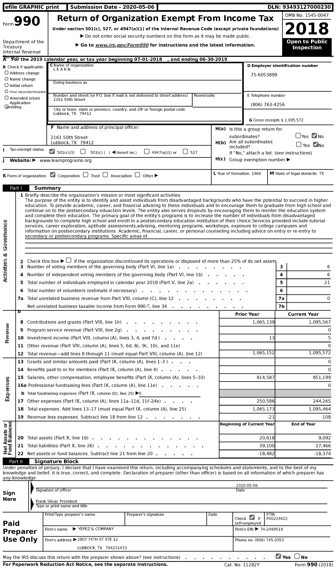 Image of first page of 2018 Form 990 for L E A R N