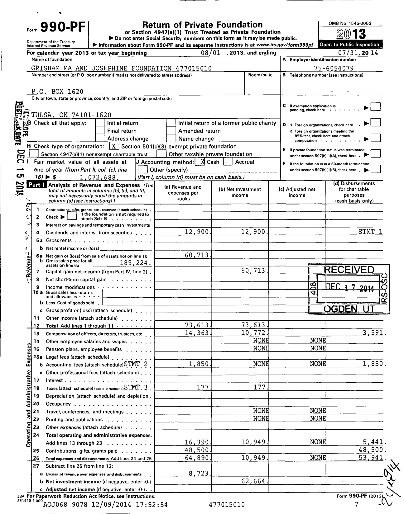 Image of first page of 2013 Form 990PF for Grisham Ma and Josephine Foundation