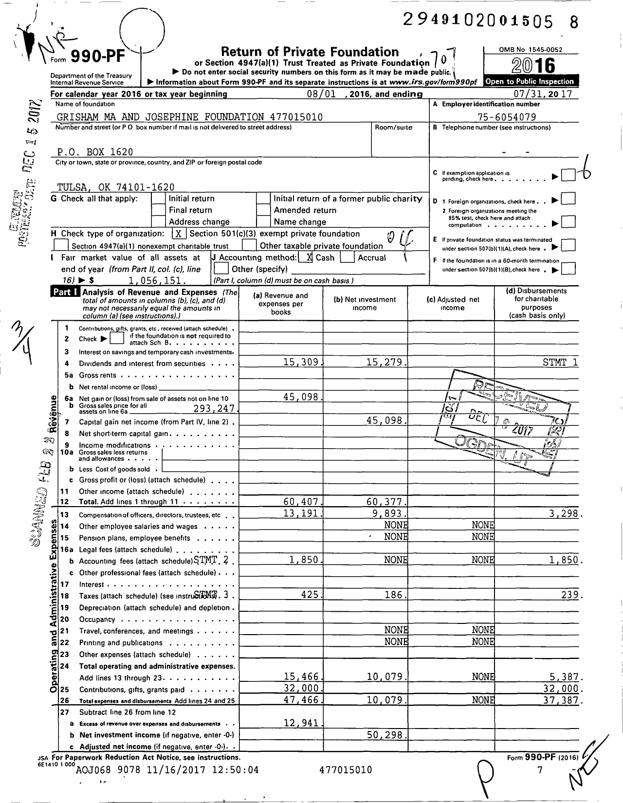 Image of first page of 2016 Form 990PF for Grisham Ma and Josephine Foundation