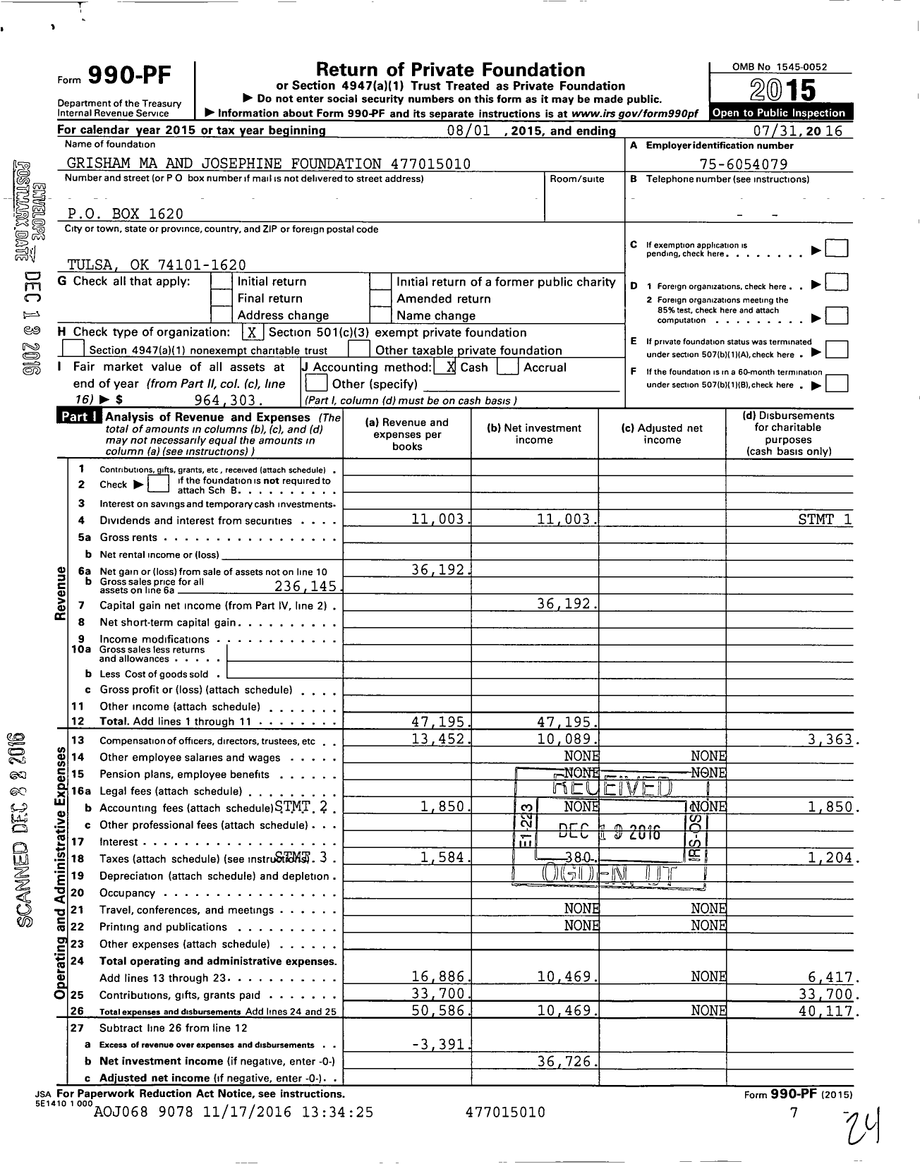 Image of first page of 2015 Form 990PF for Grisham Ma and Josephine Foundation