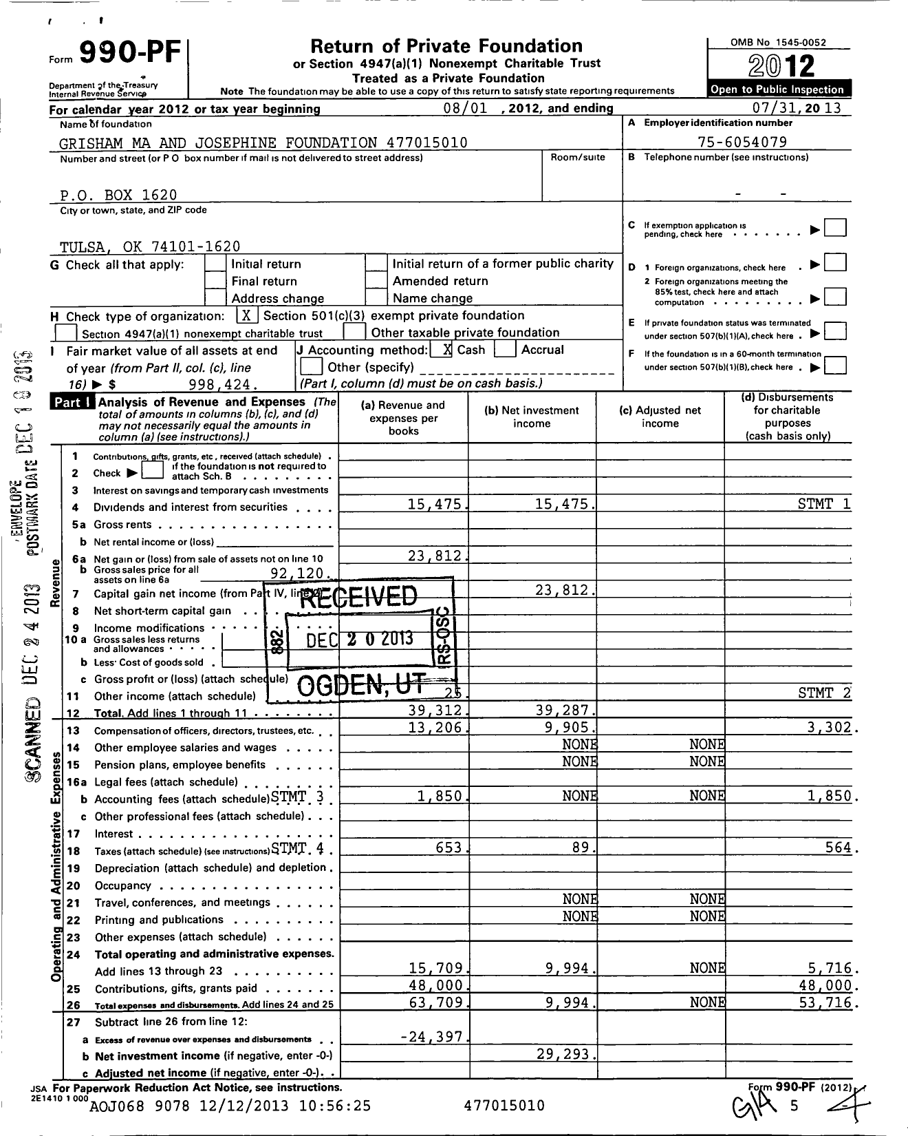Image of first page of 2012 Form 990PF for Grisham Ma and Josephine Foundation