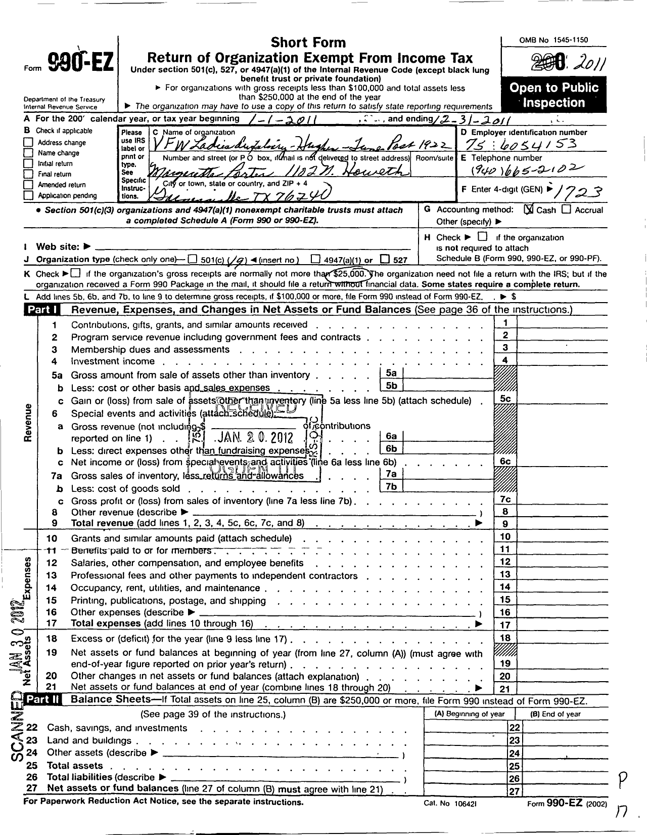 Image of first page of 2011 Form 990EO for Veterans of Foreign Wars of the Us Dept of Texas Auxiliary - 2150 Lone Star VFW Auxiliary