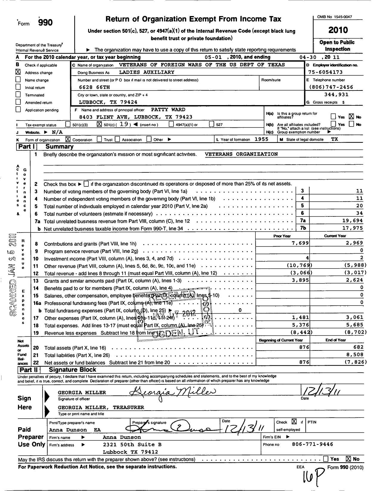 Image of first page of 2010 Form 990O for Veterans of Foreign Wars of the Us Dept of Texas Auxiliary - 2466 Ancile Al White VFW Auxiliary