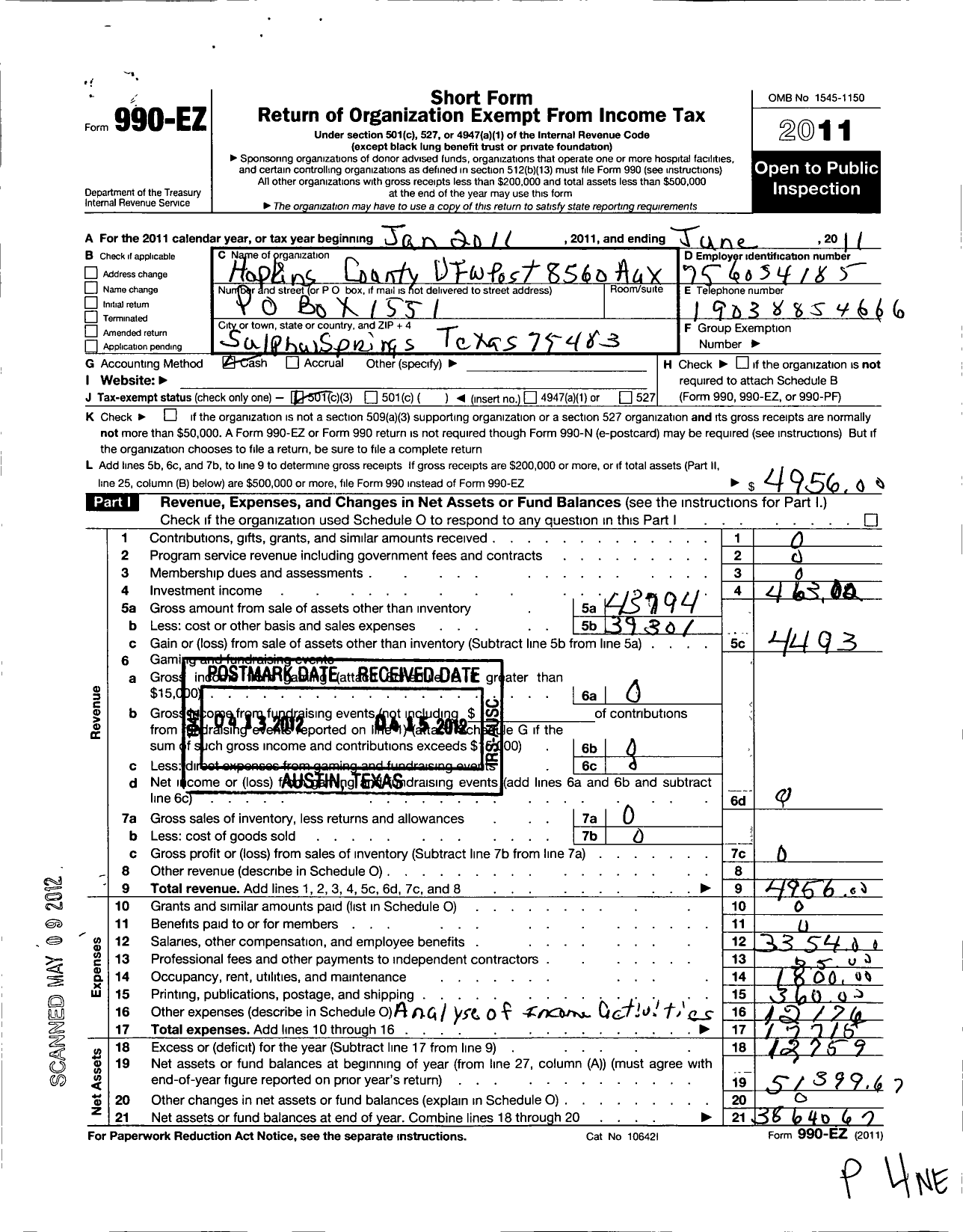 Image of first page of 2010 Form 990EZ for Veterans of Foreign Wars of the Us Dept of Texas Auxiliary - 8560 Hopkins County VFW Auxiliary