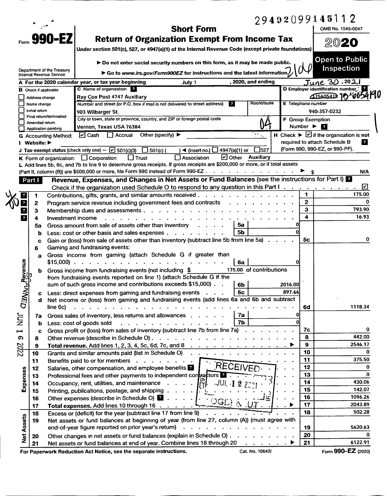 Image of first page of 2020 Form 990EO for Veterans of Foreign Wars of the Us Dept of Texas Auxiliary - 4747 Ray Cox VFW Auxiliary