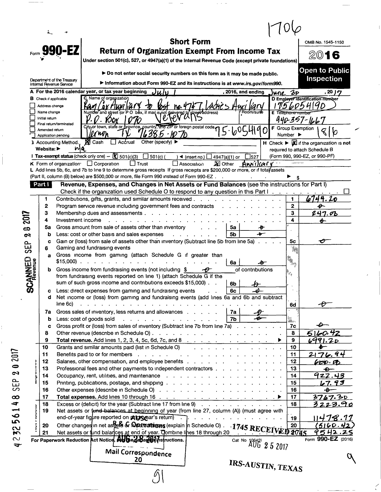 Image of first page of 2016 Form 990EZ for Veterans of Foreign Wars of the Us Dept of Texas Auxiliary - 4747 Ray Cox VFW Auxiliary