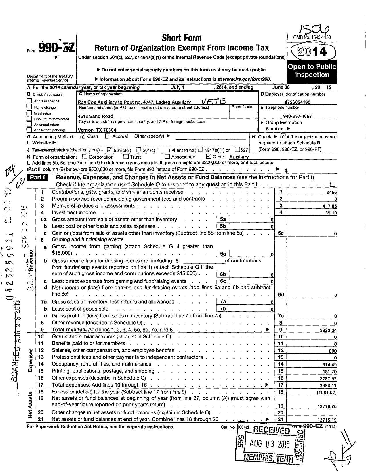 Image of first page of 2014 Form 990EZ for Veterans of Foreign Wars of the Us Dept of Texas Auxiliary - 4747 Ray Cox VFW Auxiliary