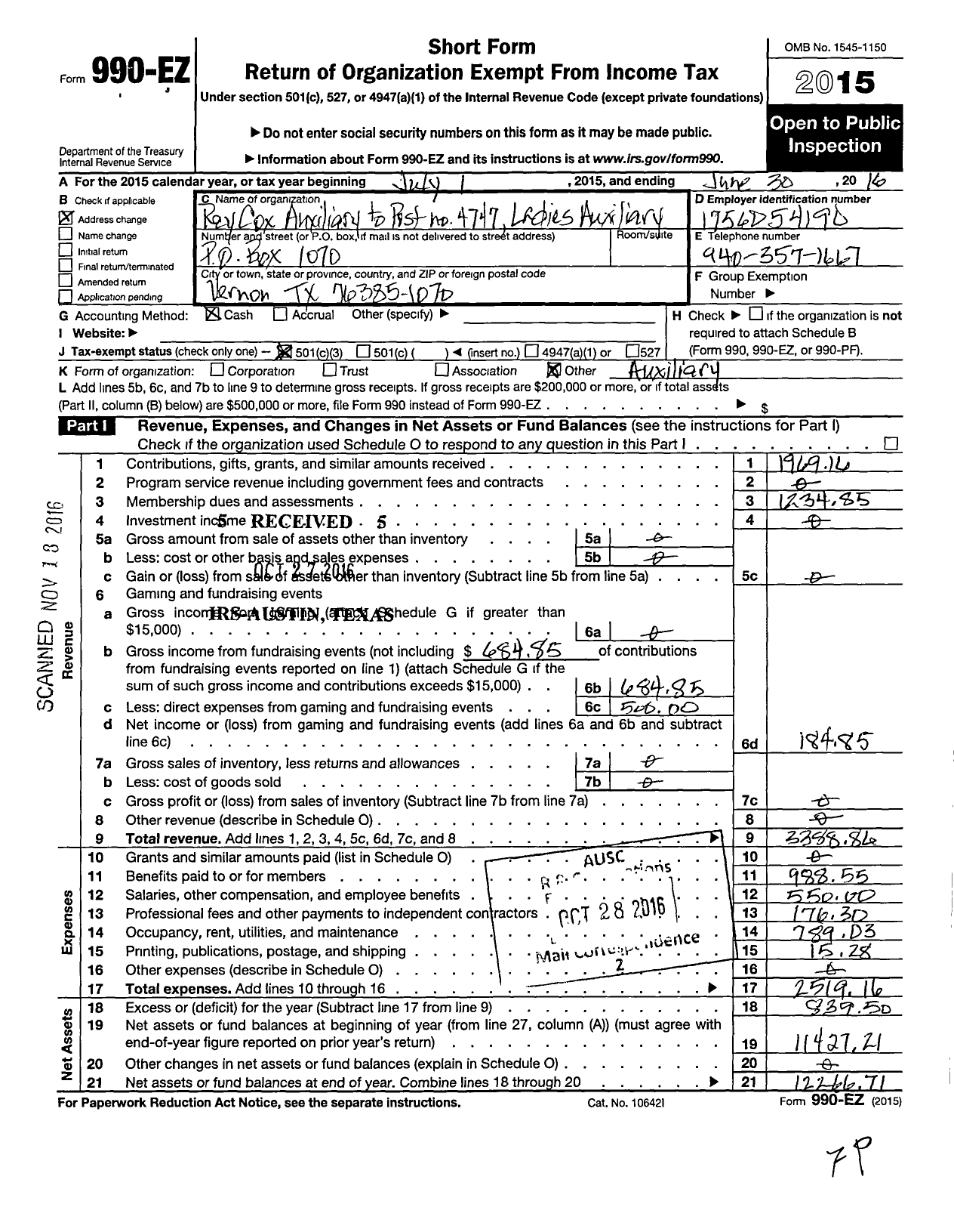 Image of first page of 2015 Form 990EZ for Veterans of Foreign Wars of the Us Dept of Texas Auxiliary - 4747 Ray Cox VFW Auxiliary