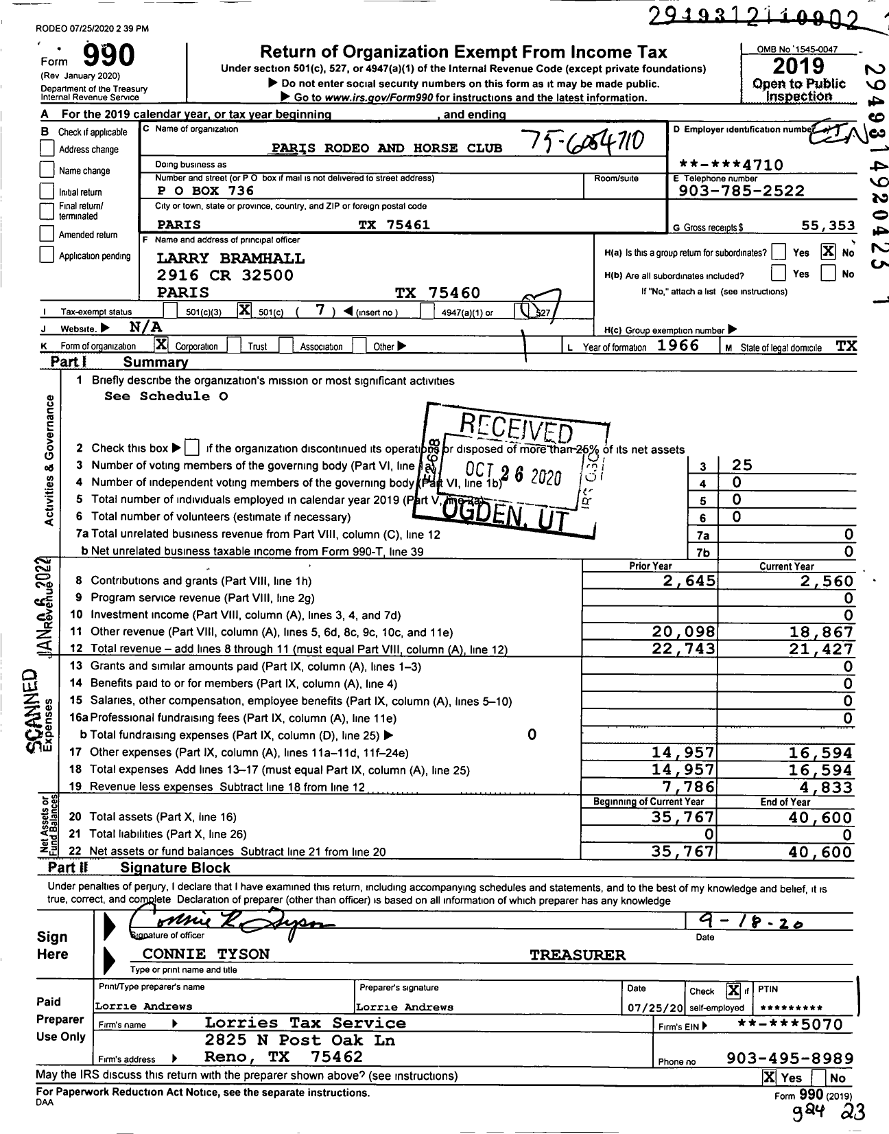 Image of first page of 2019 Form 990O for Paris Rodeo and Horse Club