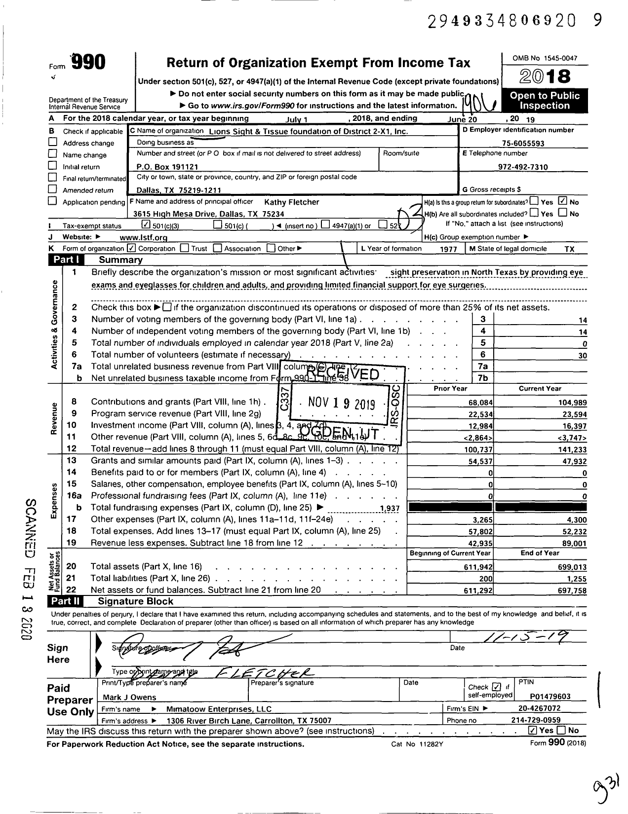 Image of first page of 2018 Form 990 for Lions Sight and Tissue Foudnation of District 2-X1