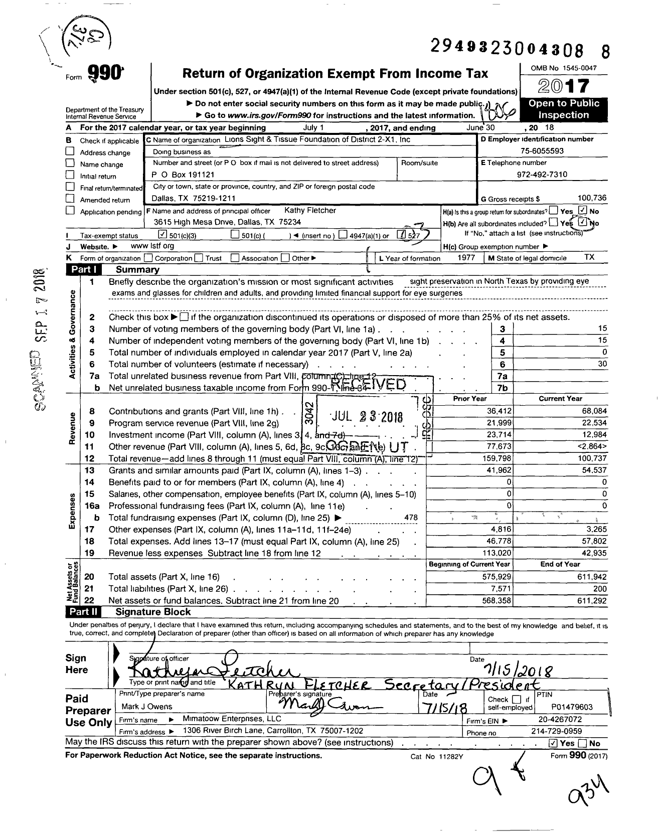 Image of first page of 2017 Form 990 for Lions Sight and Tissue Foudnation of District 2-X1