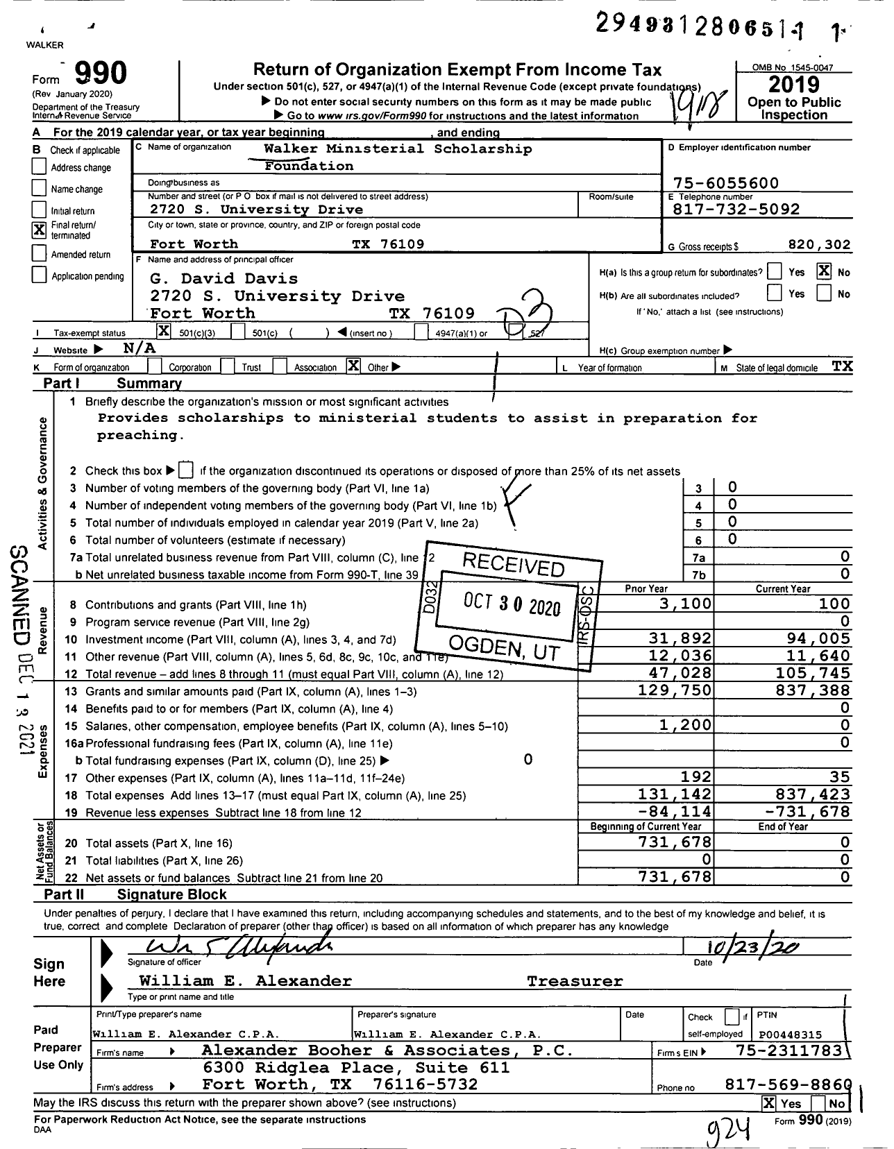 Image of first page of 2019 Form 990 for Walker Ministerial Scholarship Foundation