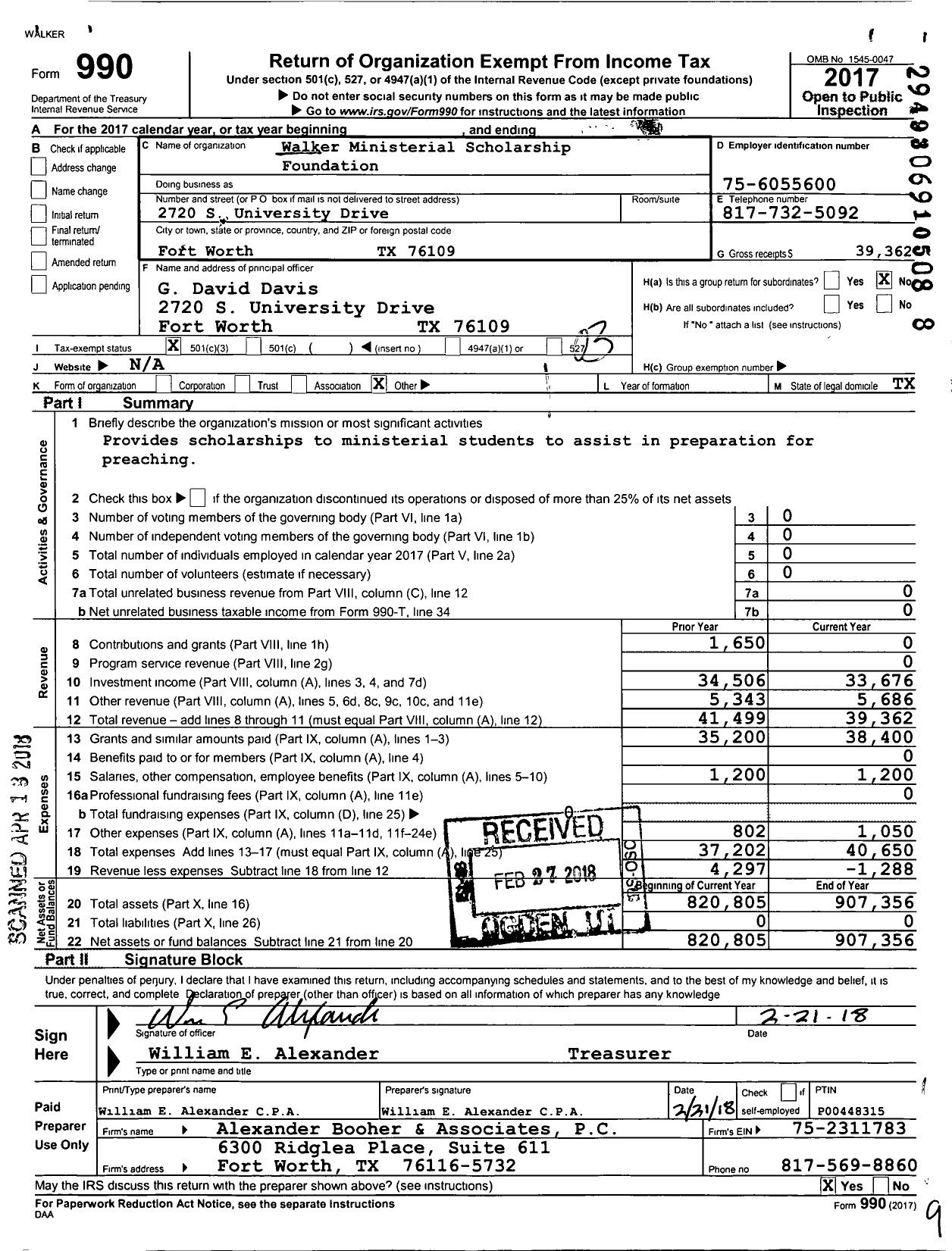 Image of first page of 2017 Form 990 for Walker Ministerial Scholarship Foundation